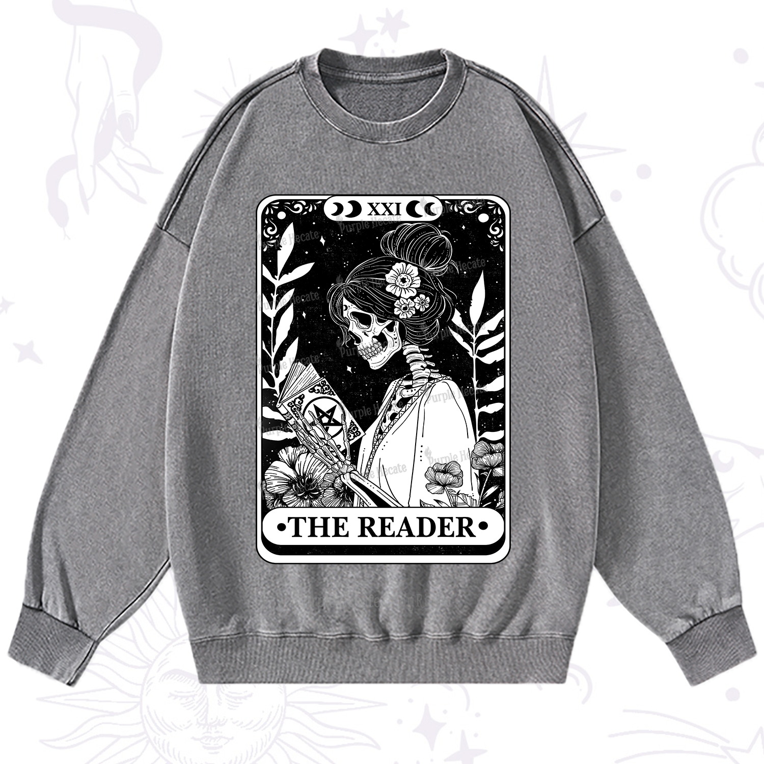 Purplehecate The Reader Skeleton Tarot Washed Sweatshirt