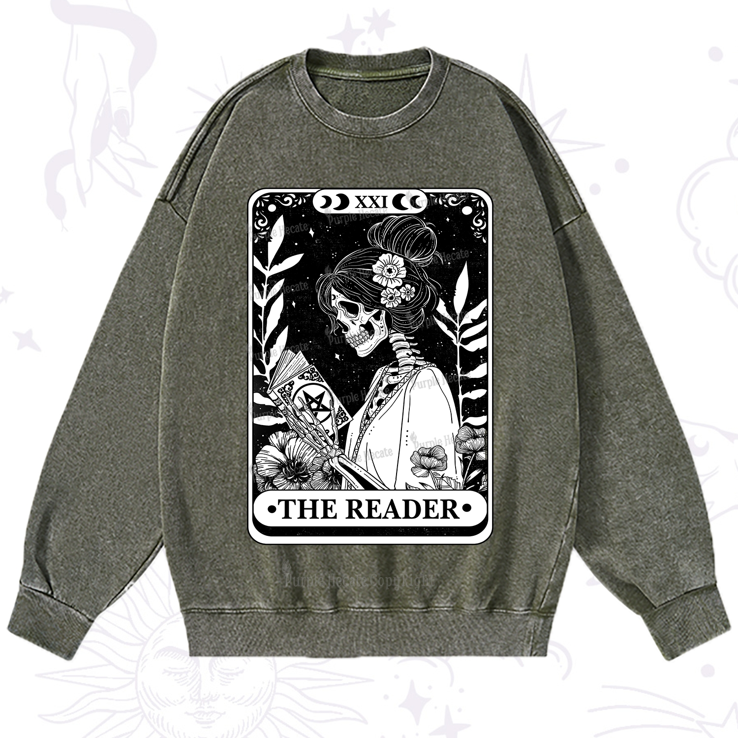 Purplehecate The Reader Skeleton Tarot Washed Sweatshirt