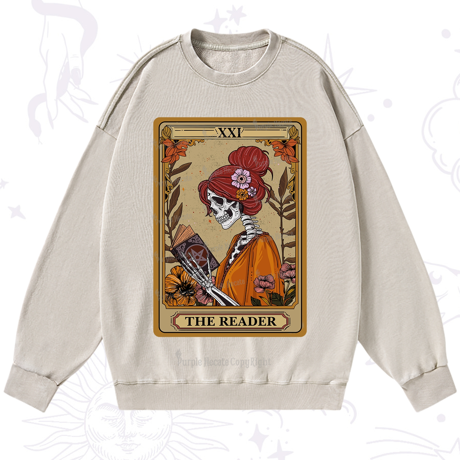 Purplehecate The Reader Tarot Card Skeleton Washed Sweatshirt