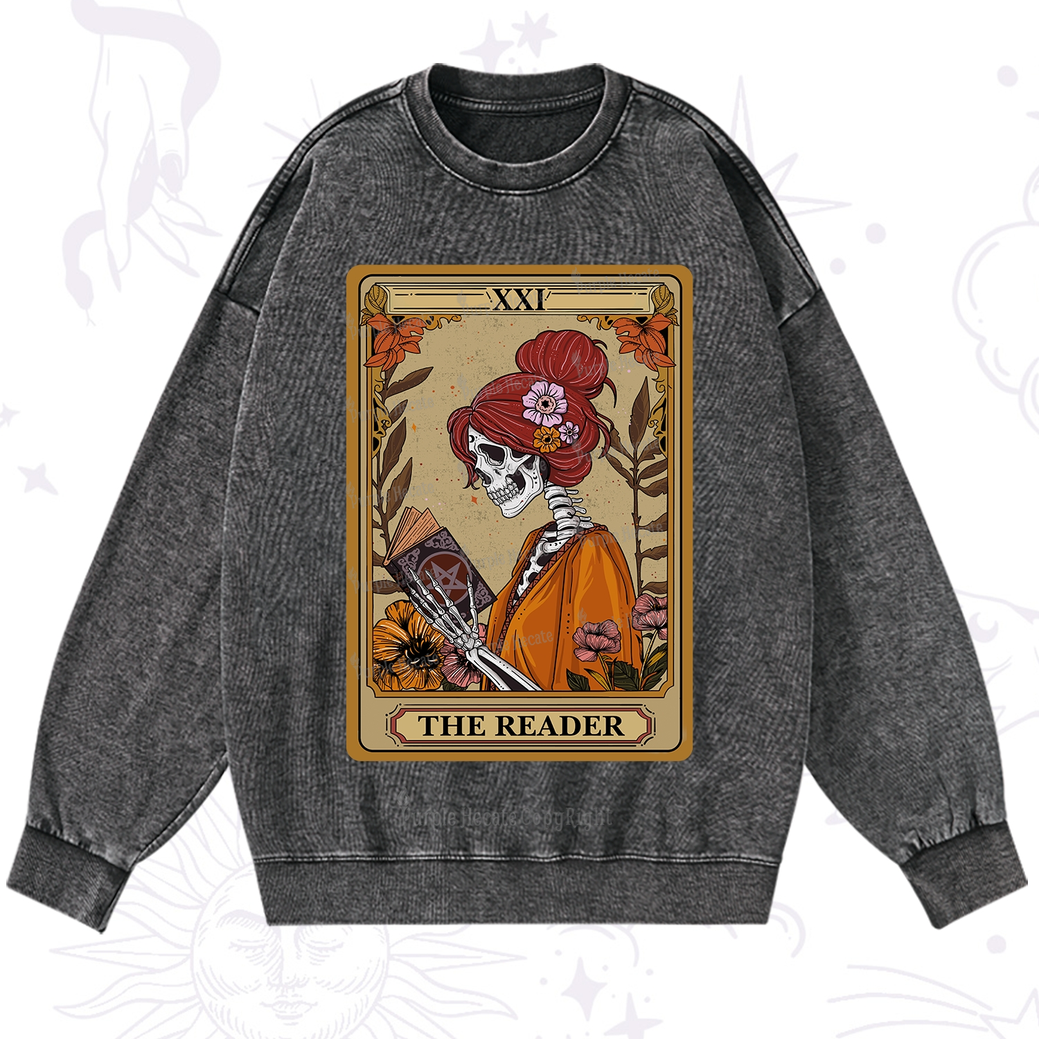 Purplehecate The Reader Tarot Card Skeleton Washed Sweatshirt