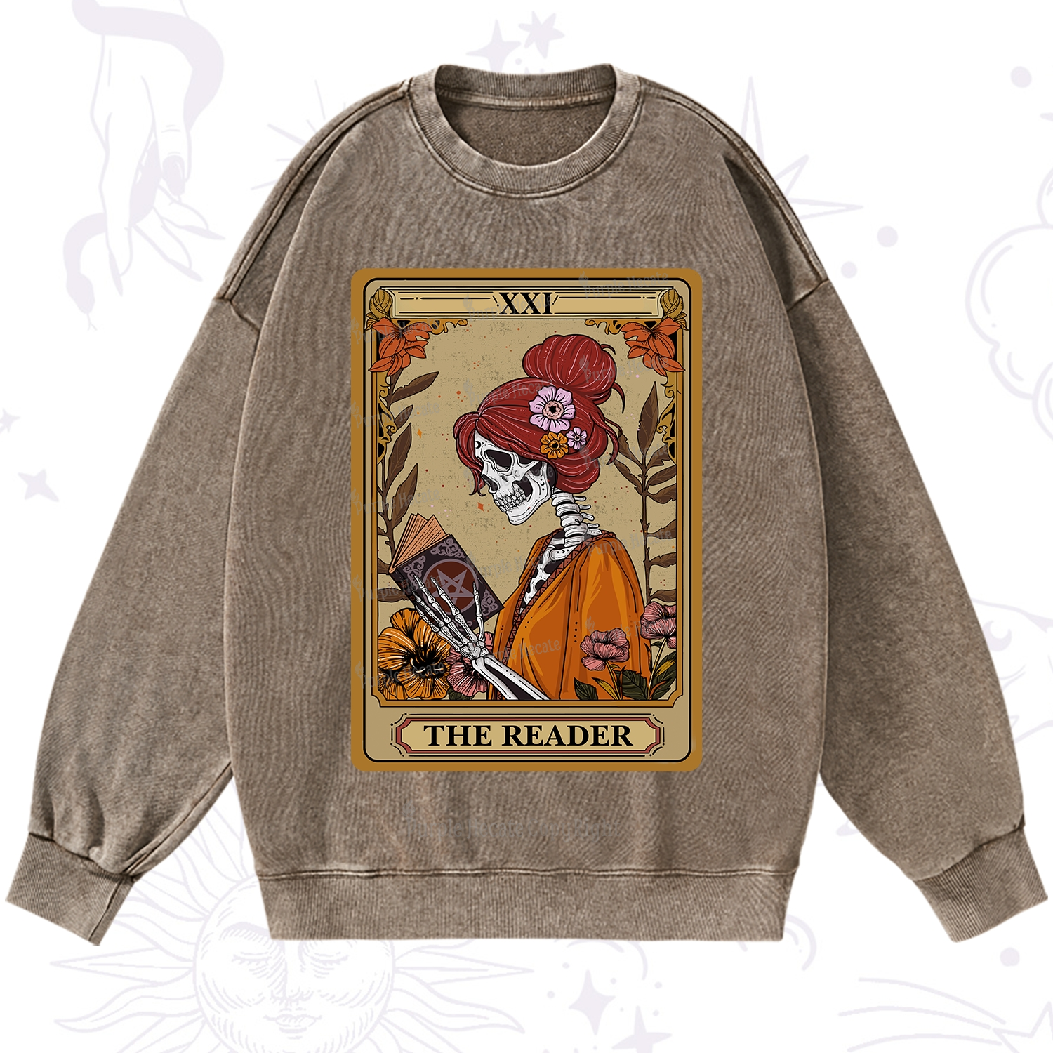 Purplehecate The Reader Tarot Card Skeleton Washed Sweatshirt