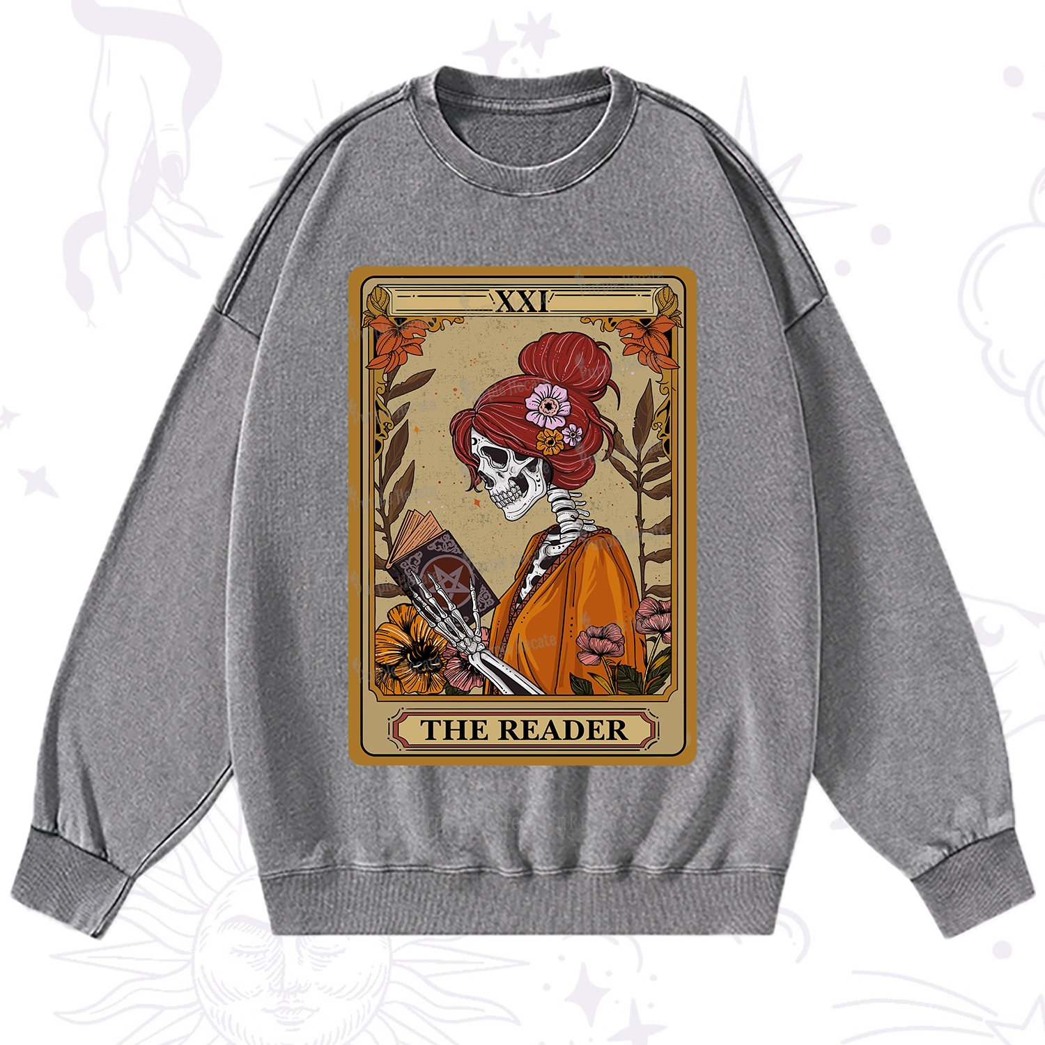 Purplehecate The Reader Tarot Card Skeleton Washed Sweatshirt