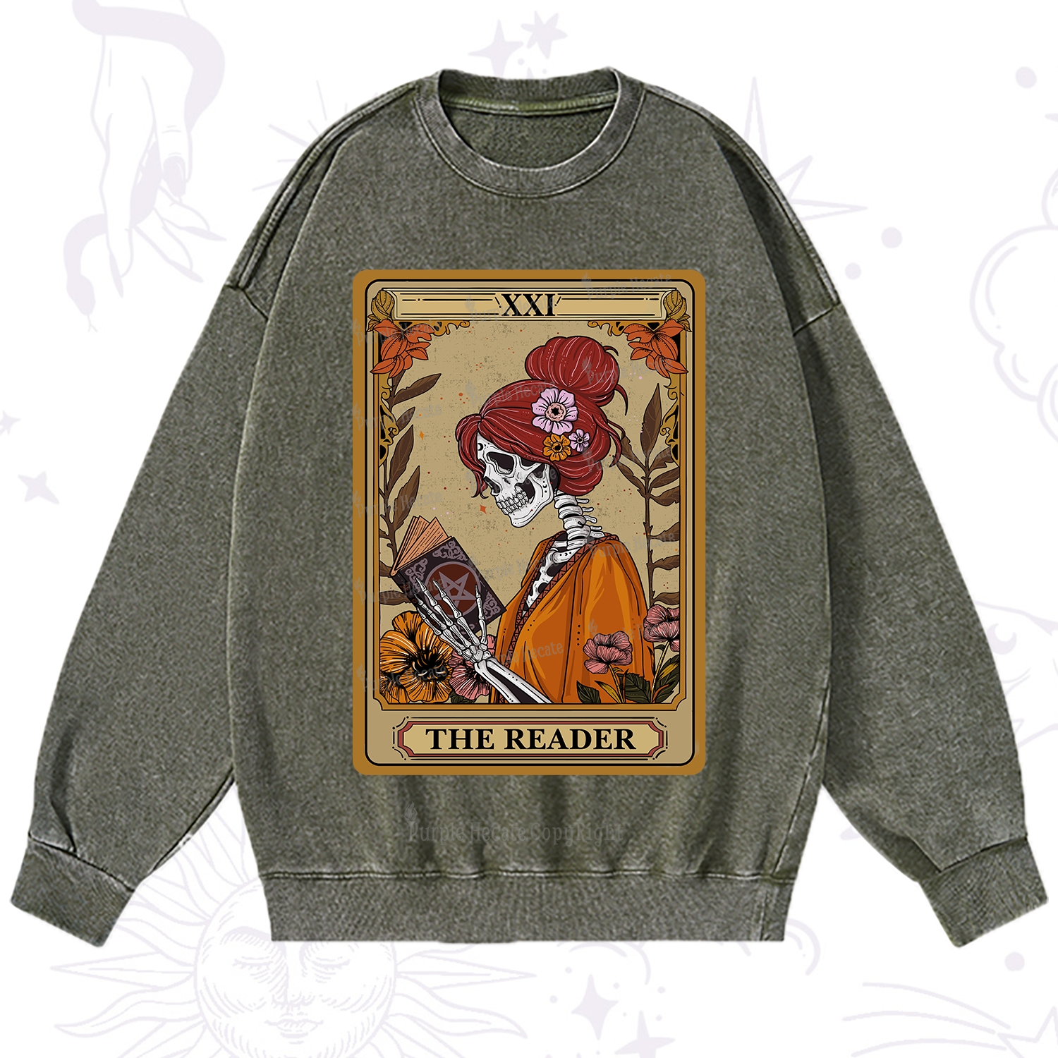 Purplehecate The Reader Tarot Card Skeleton Washed Sweatshirt