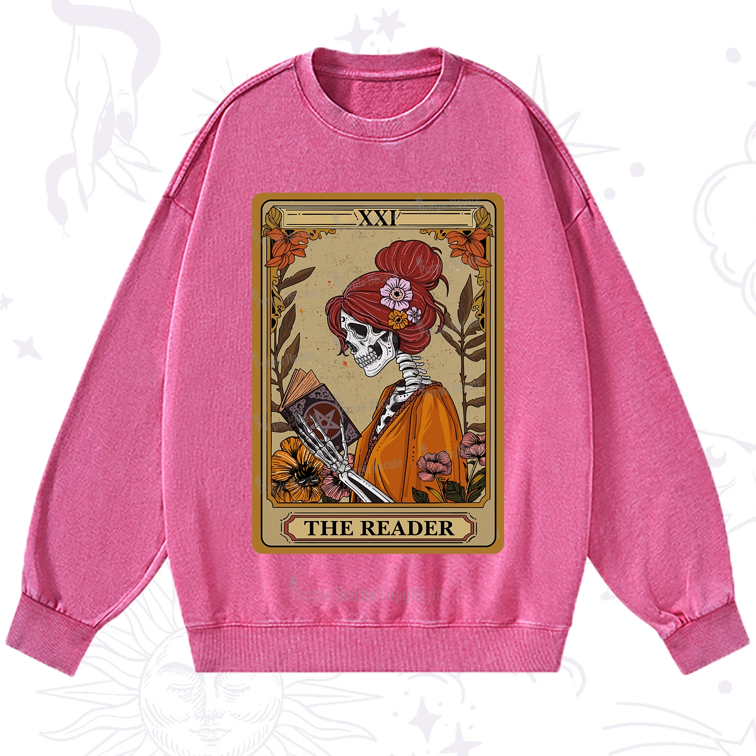 Purplehecate The Reader Tarot Card Skeleton Washed Sweatshirt