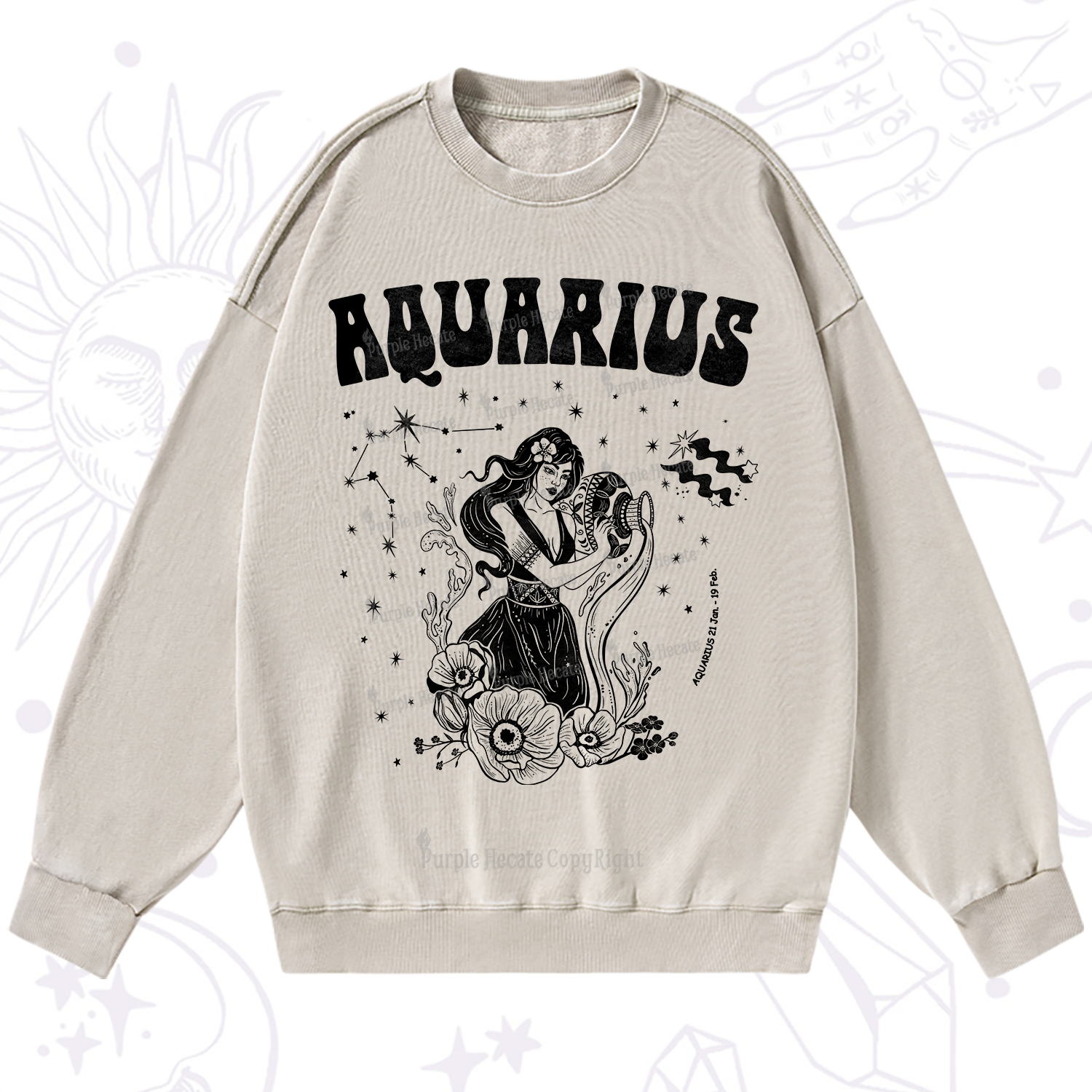 Purplehecate Aquarius Zodiac Glyphs Washed Sweatshirt