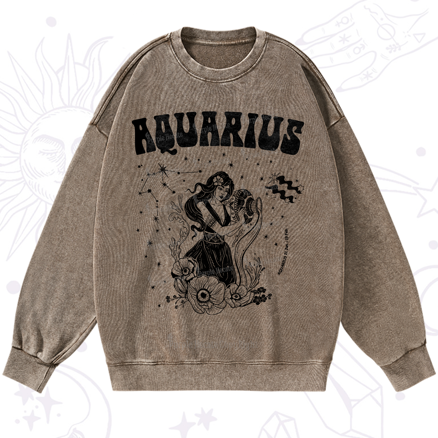 Purplehecate Aquarius Zodiac Glyphs Washed Sweatshirt