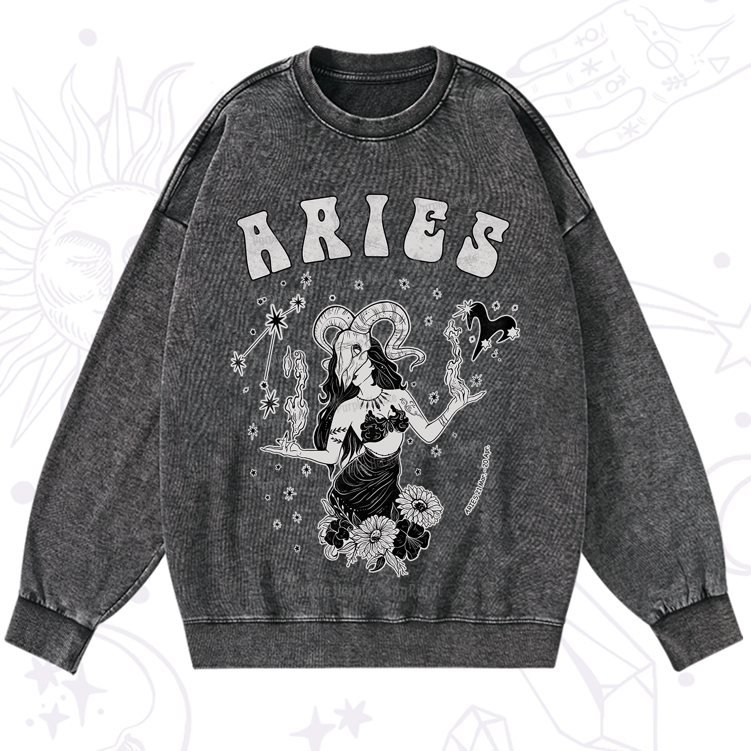 Purplehecate Aries Zodiac Glyphs Washed Sweatshirt
