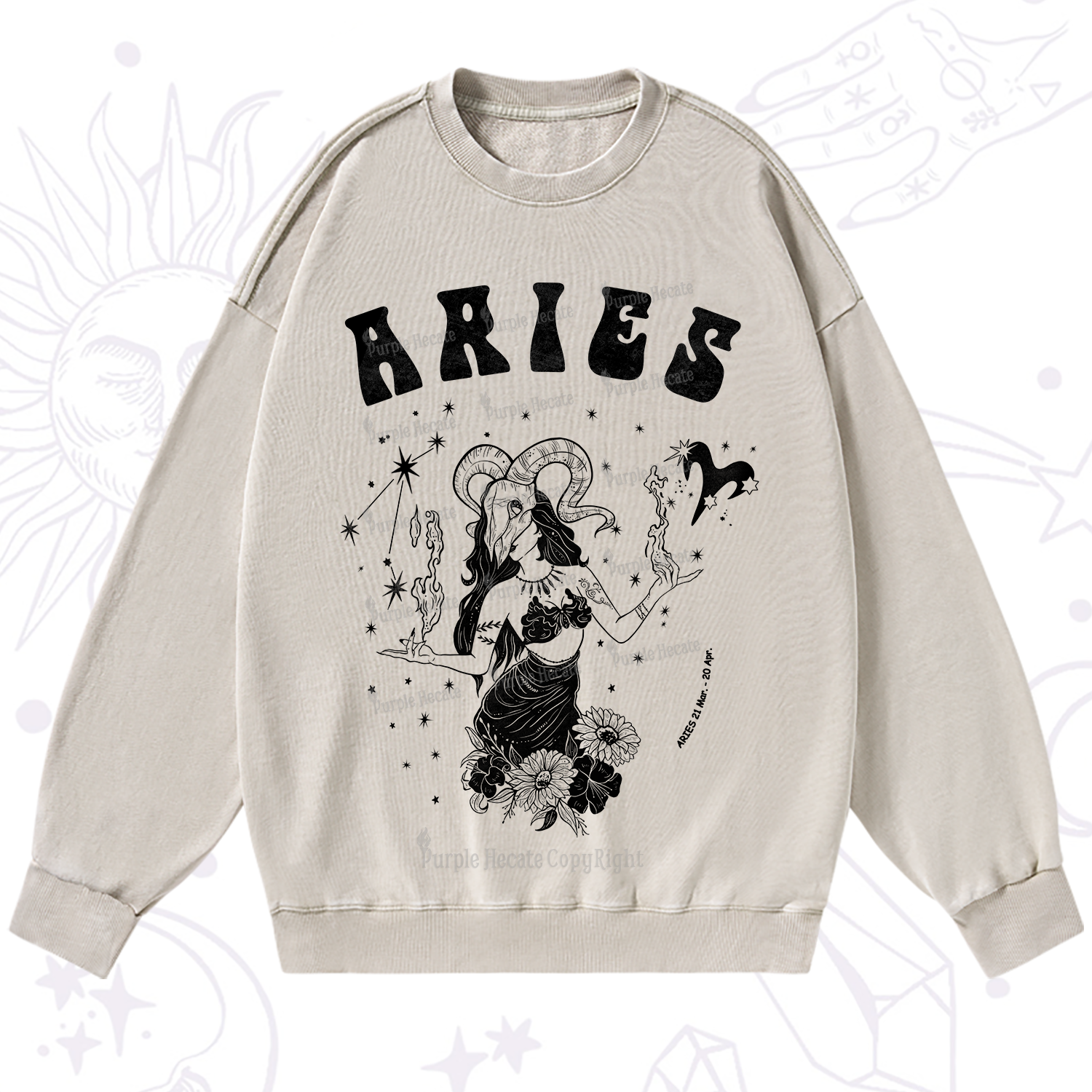 Purplehecate Aries Zodiac Glyphs Washed Sweatshirt
