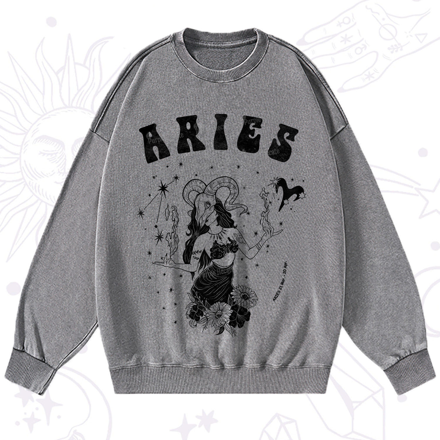 Purplehecate Aries Zodiac Glyphs Washed Sweatshirt