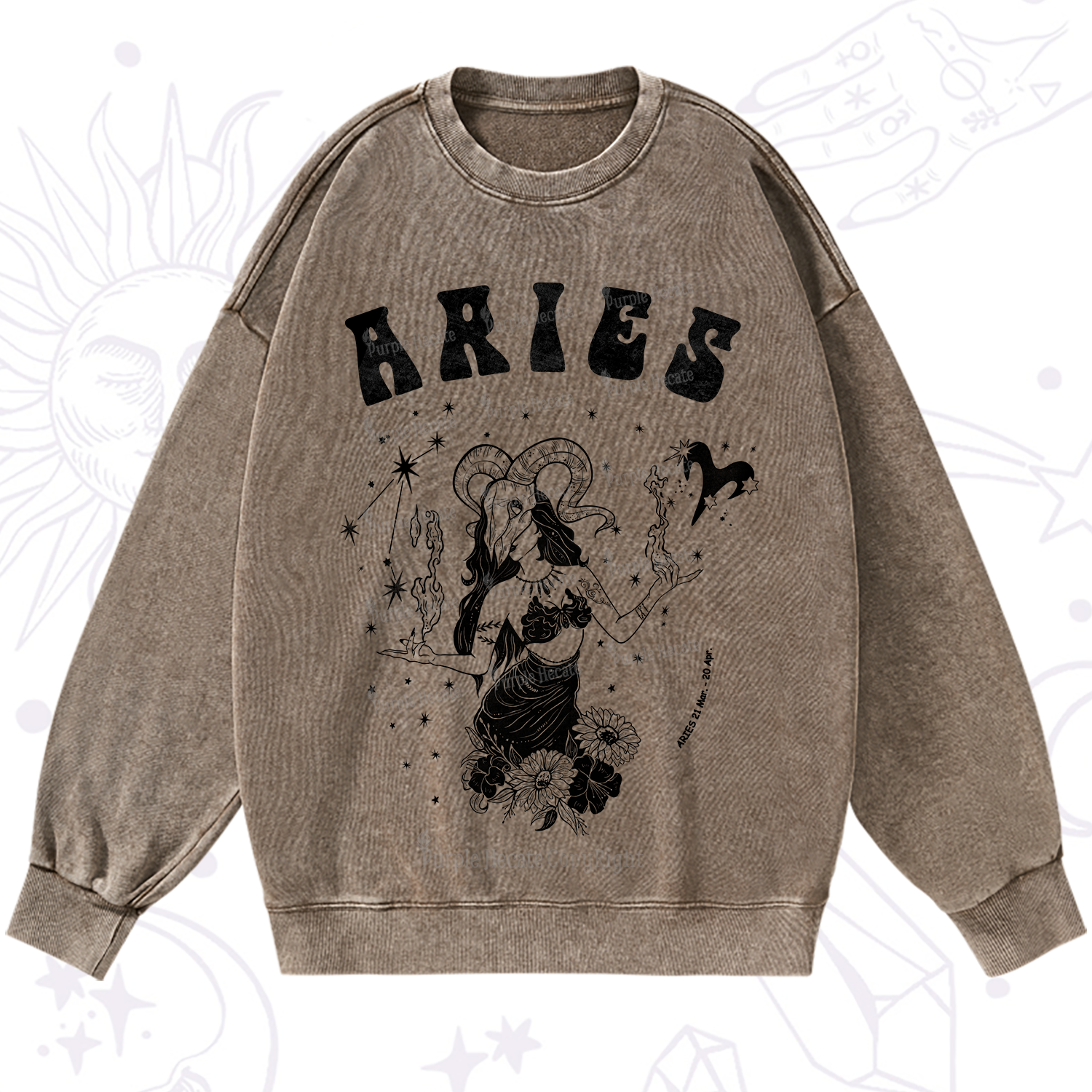 Purplehecate Aries Zodiac Glyphs Washed Sweatshirt