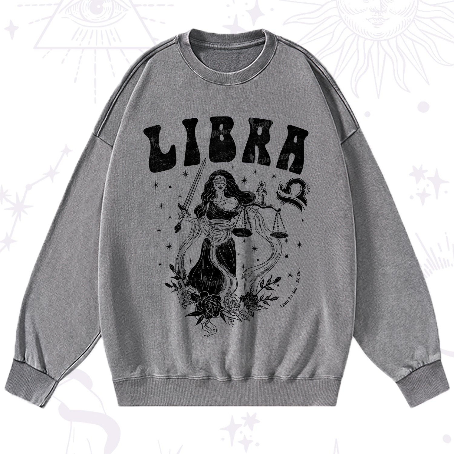 Purplehecate Libra Zodiac Glyphs Washed Sweatshirt