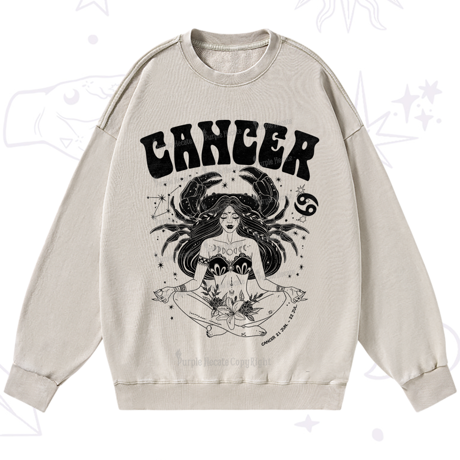 Purplehecate Cancer Zodiac Glyphs Washed Sweatshirt