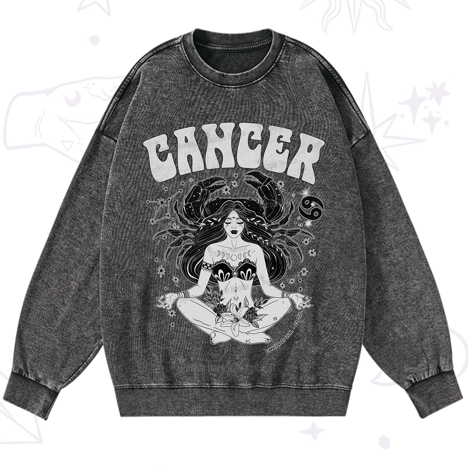 Purplehecate Cancer Zodiac Glyphs Washed Sweatshirt