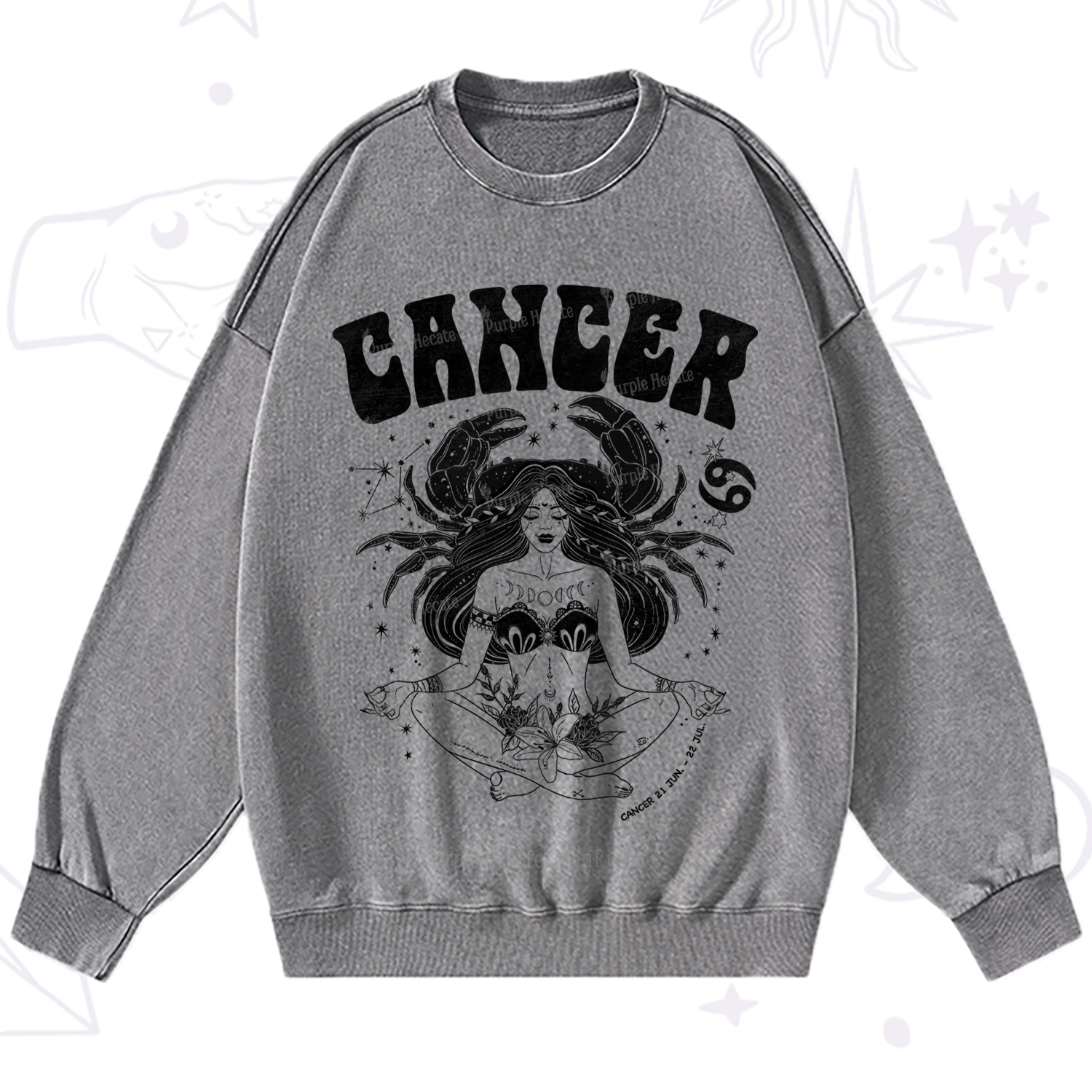Purplehecate Cancer Zodiac Glyphs Washed Sweatshirt