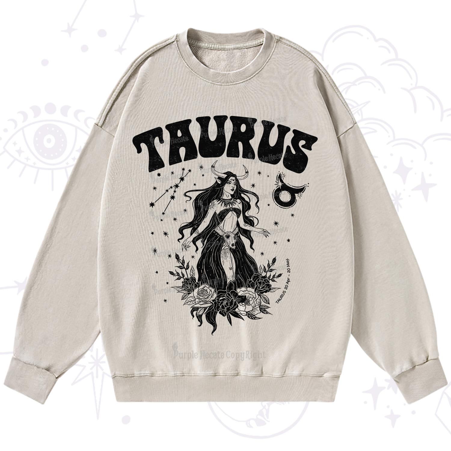 Purplehecate Taurus Zodiac Glyphs Washed Sweatshirt