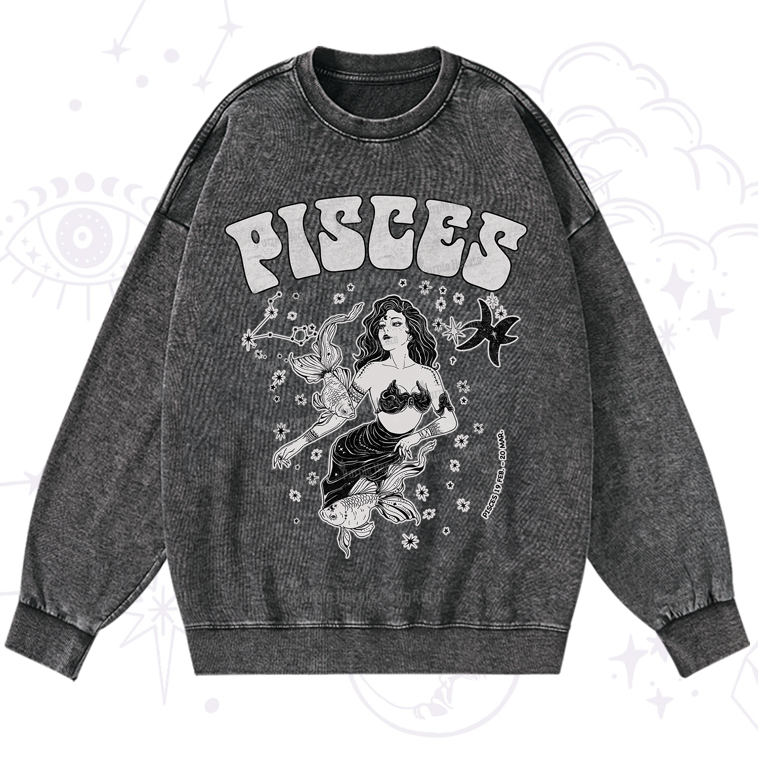 Purplehecate Pisces Zodiac Glyphs Washed Sweatshirt