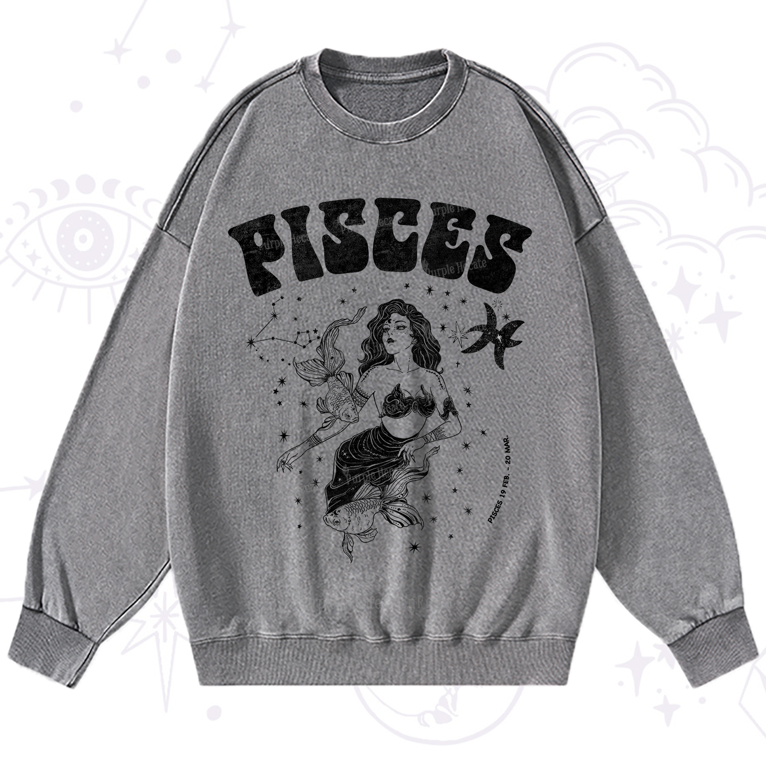 Purplehecate Pisces Zodiac Glyphs Washed Sweatshirt