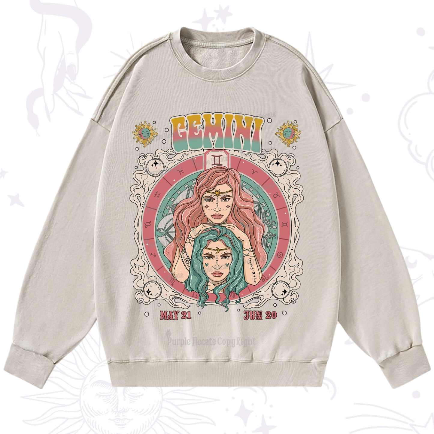 Purplehecate Gemini Cosmic Zodiac Washed Sweatshirt