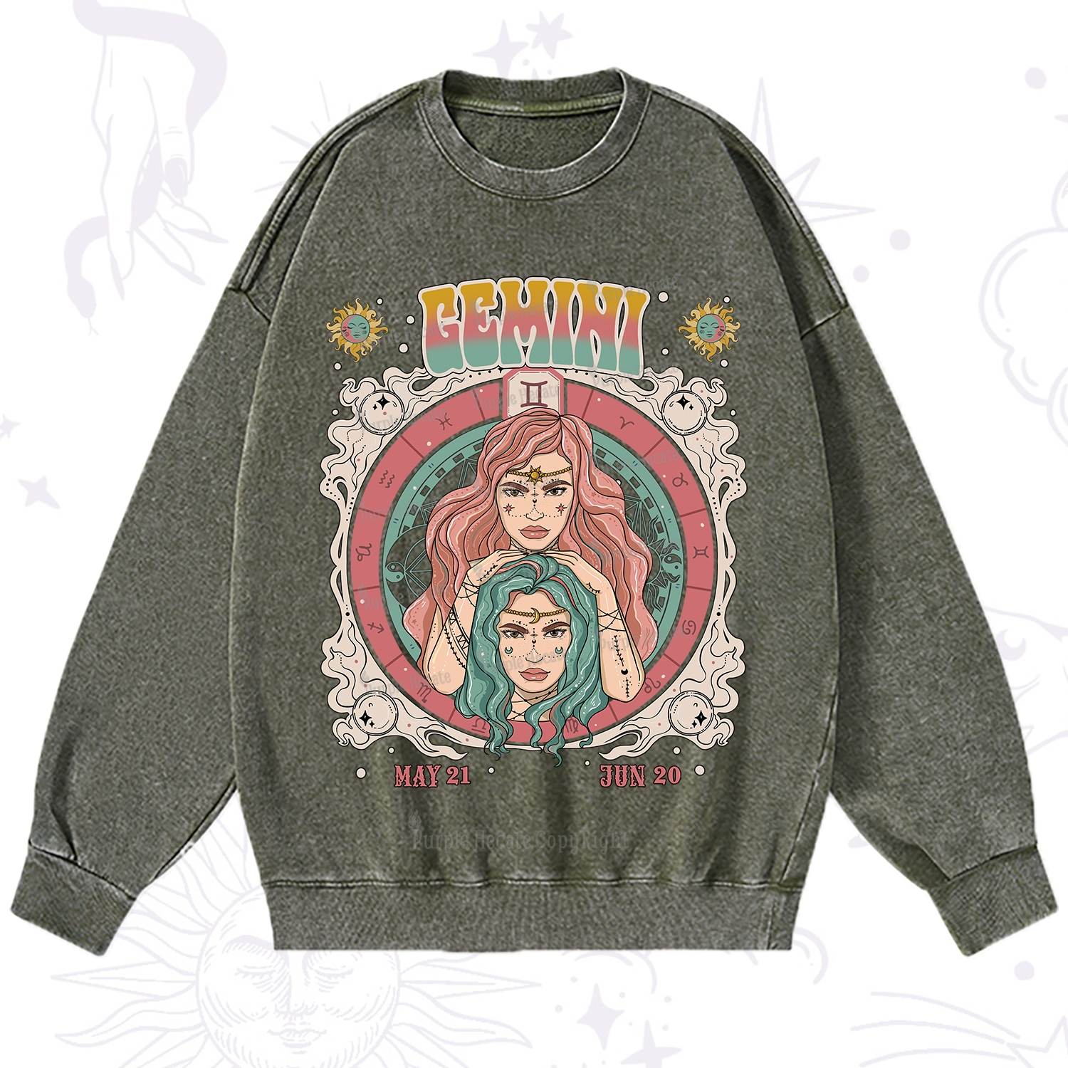 Purplehecate Gemini Cosmic Zodiac Washed Sweatshirt
