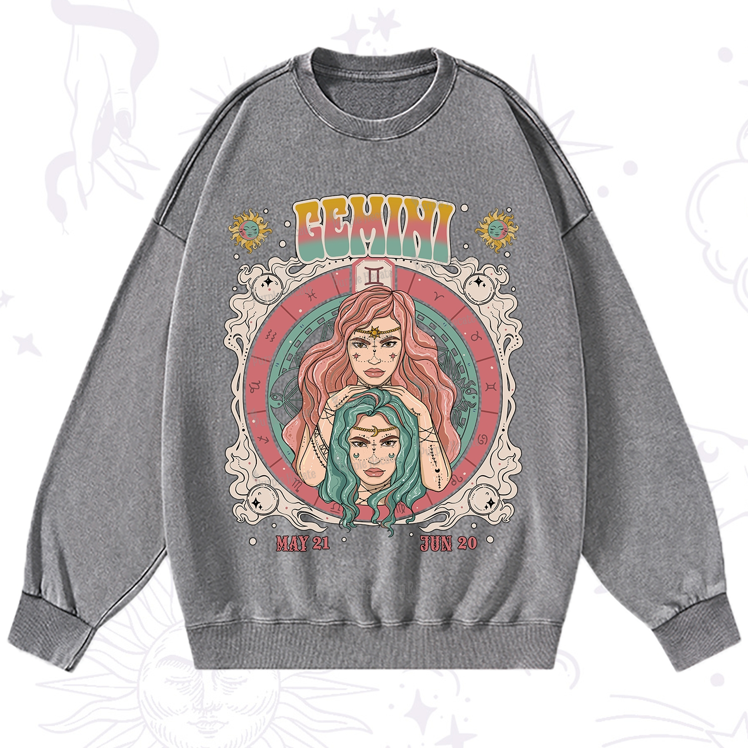 Purplehecate Gemini Cosmic Zodiac Washed Sweatshirt