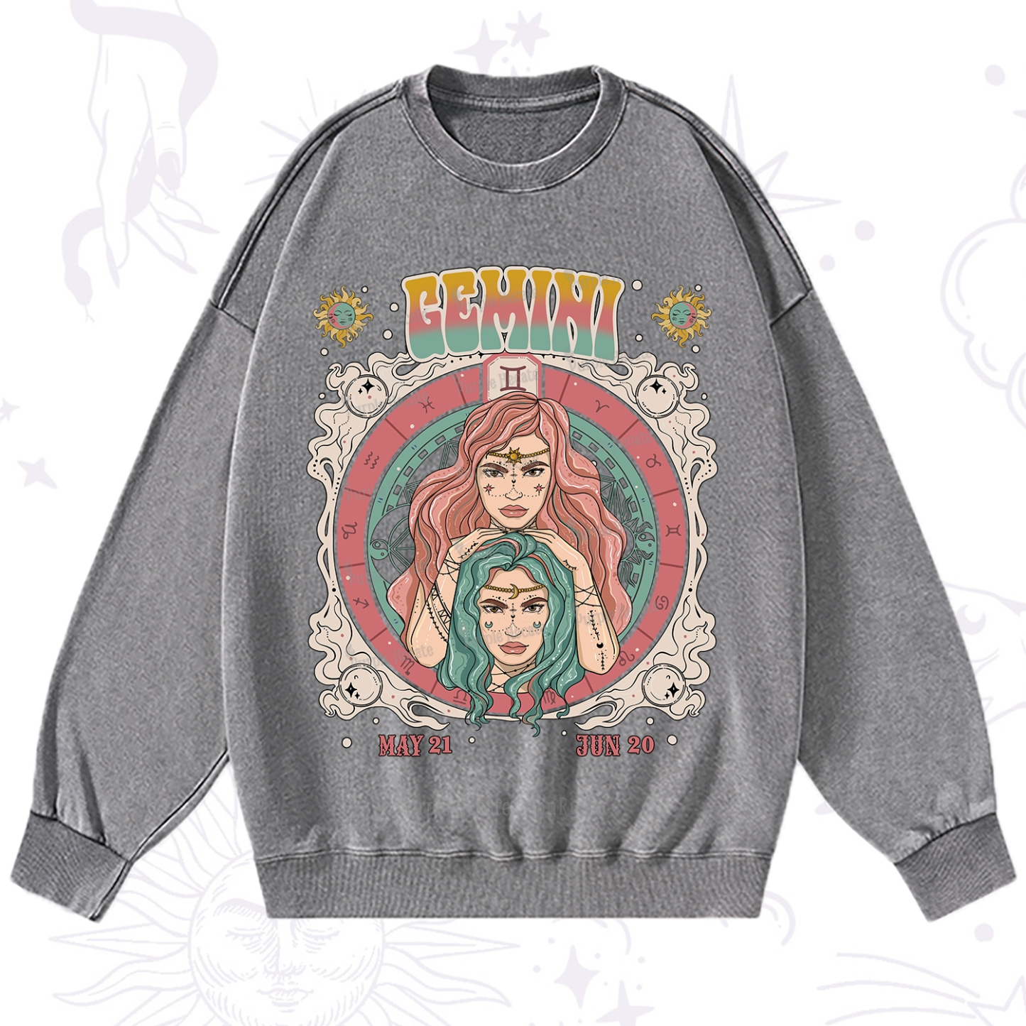 Purplehecate Gemini Cosmic Zodiac Washed Sweatshirt