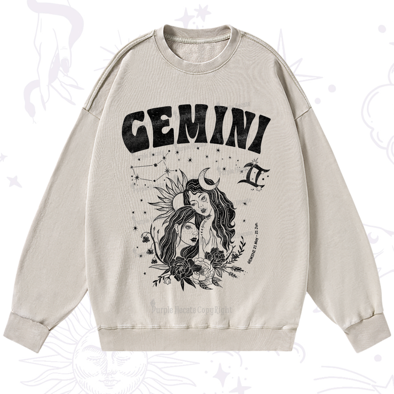 Purplehecate Gemini Zodiac Glyphs  Washed Sweatshirt