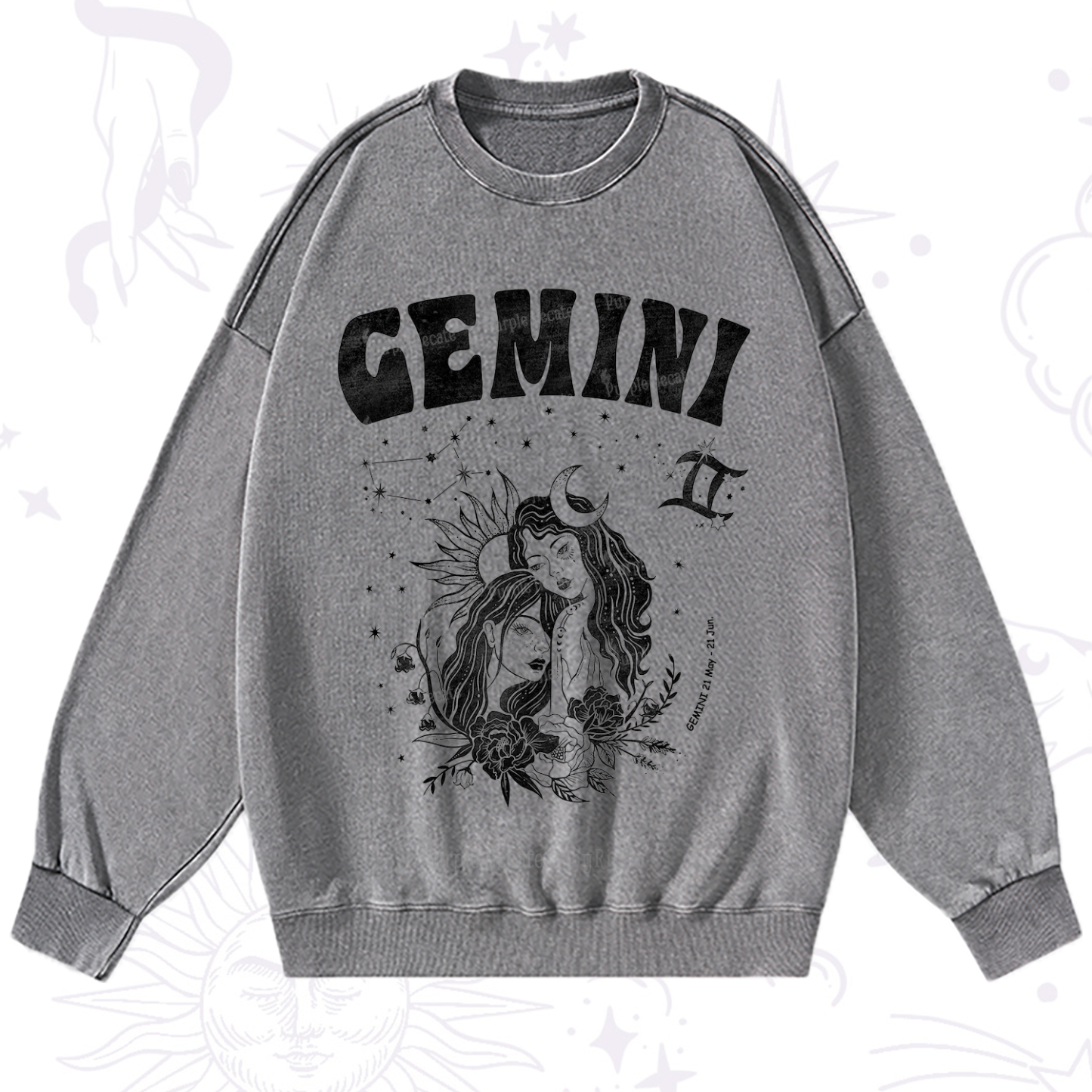 Purplehecate Gemini Zodiac Glyphs  Washed Sweatshirt