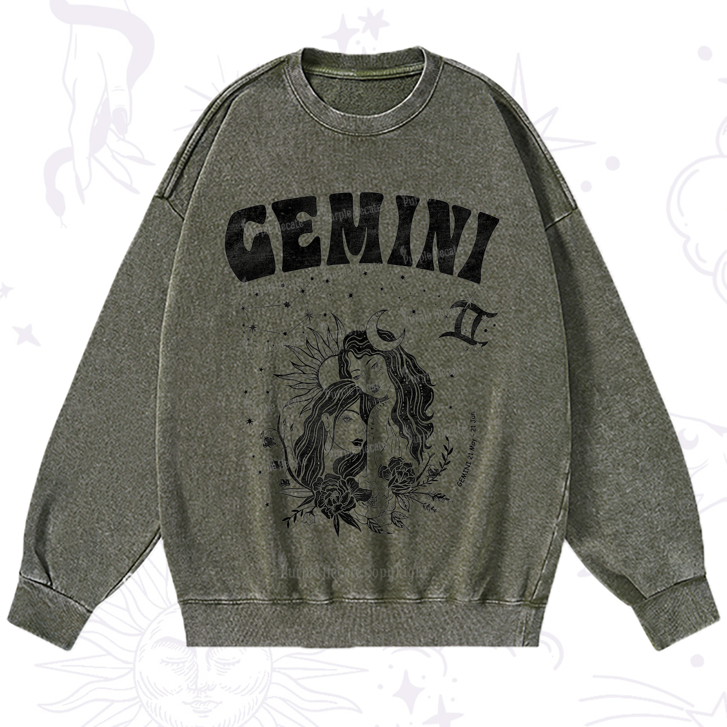 Purplehecate Gemini Zodiac Glyphs  Washed Sweatshirt