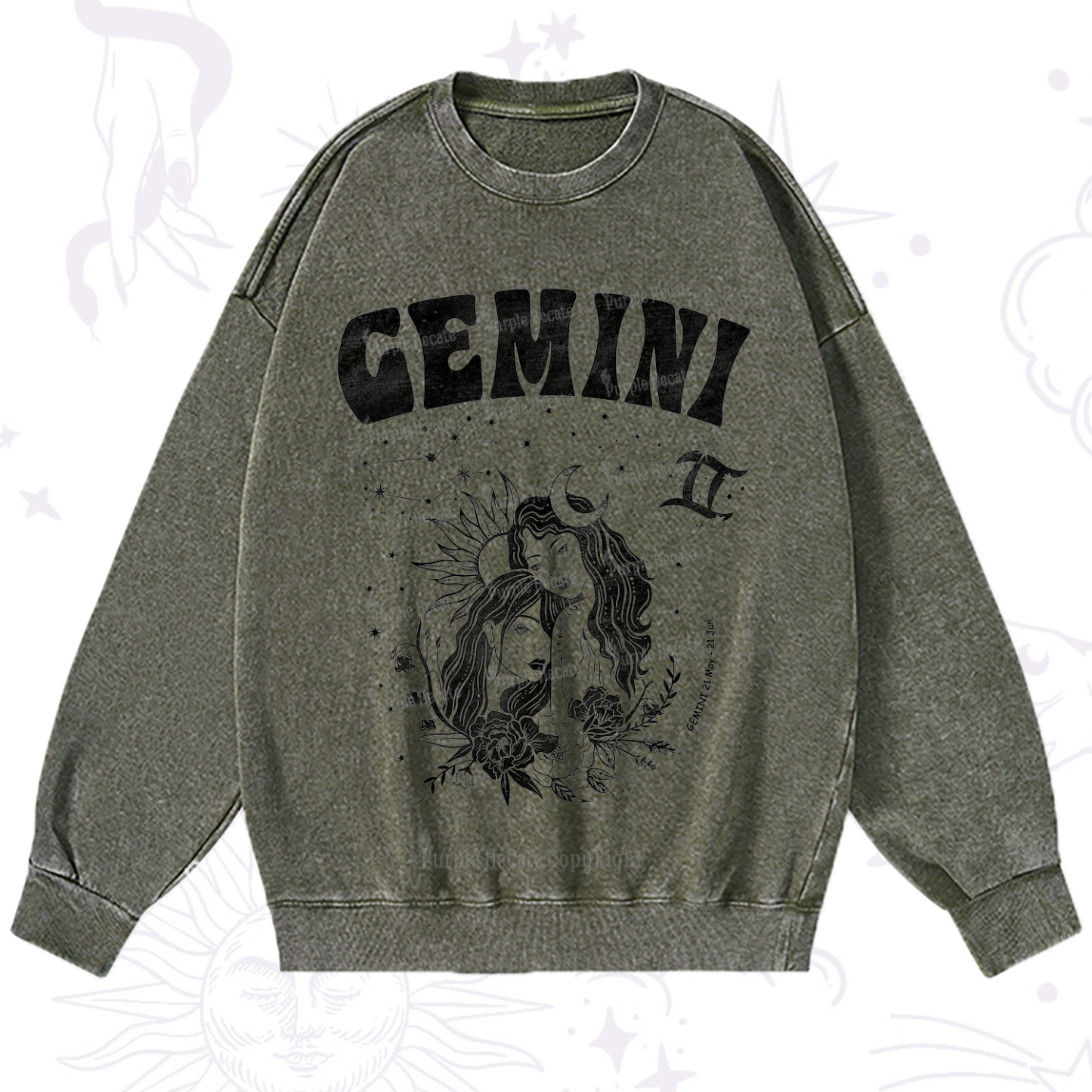 Purplehecate Gemini Zodiac Glyphs  Washed Sweatshirt