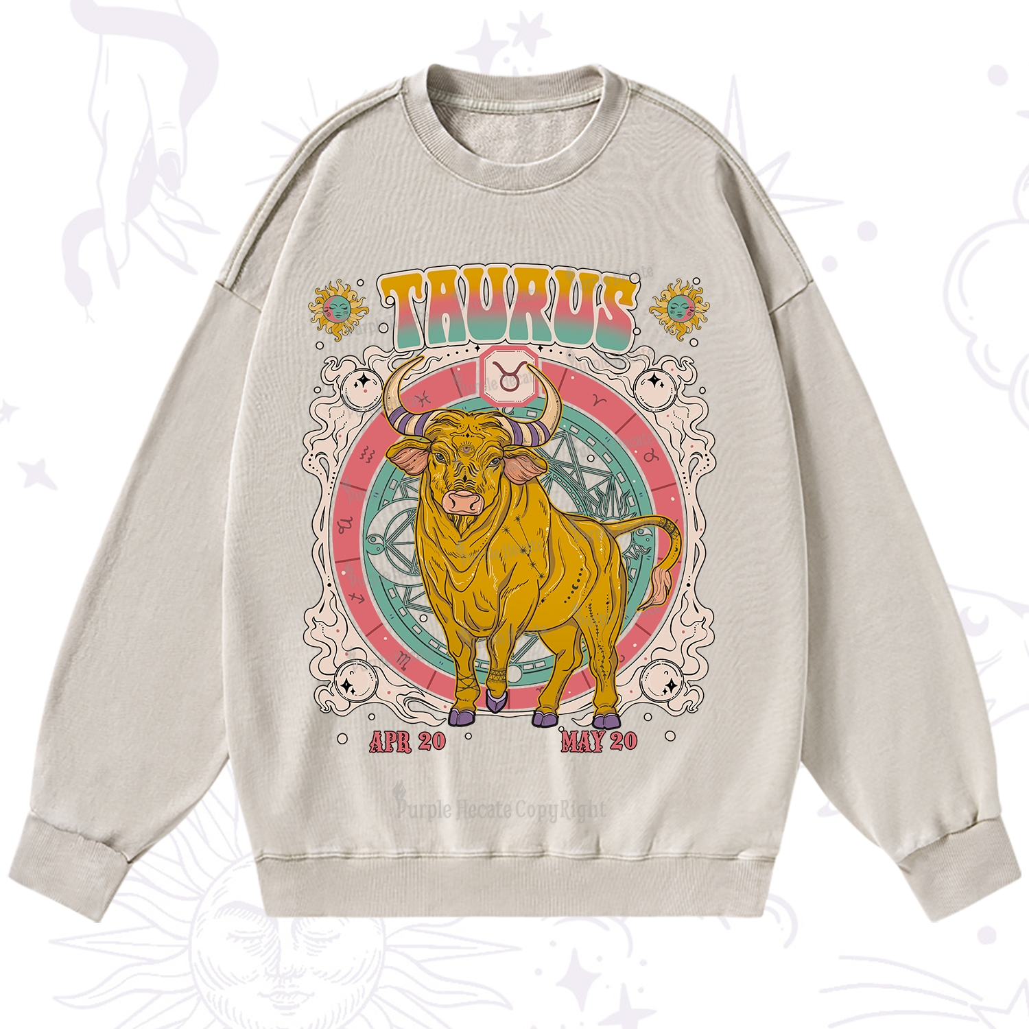 Purplehecate Taurus Cosmic Zodiac  Washed Sweatshirt