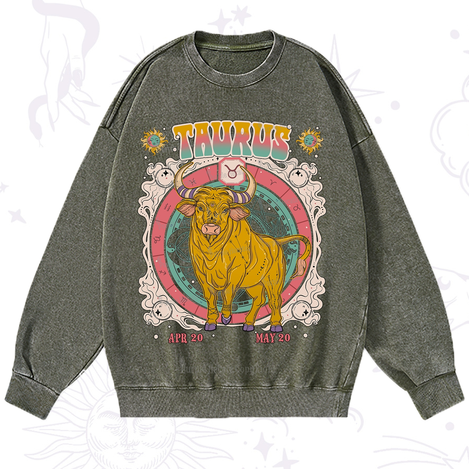 Purplehecate Taurus Cosmic Zodiac  Washed Sweatshirt