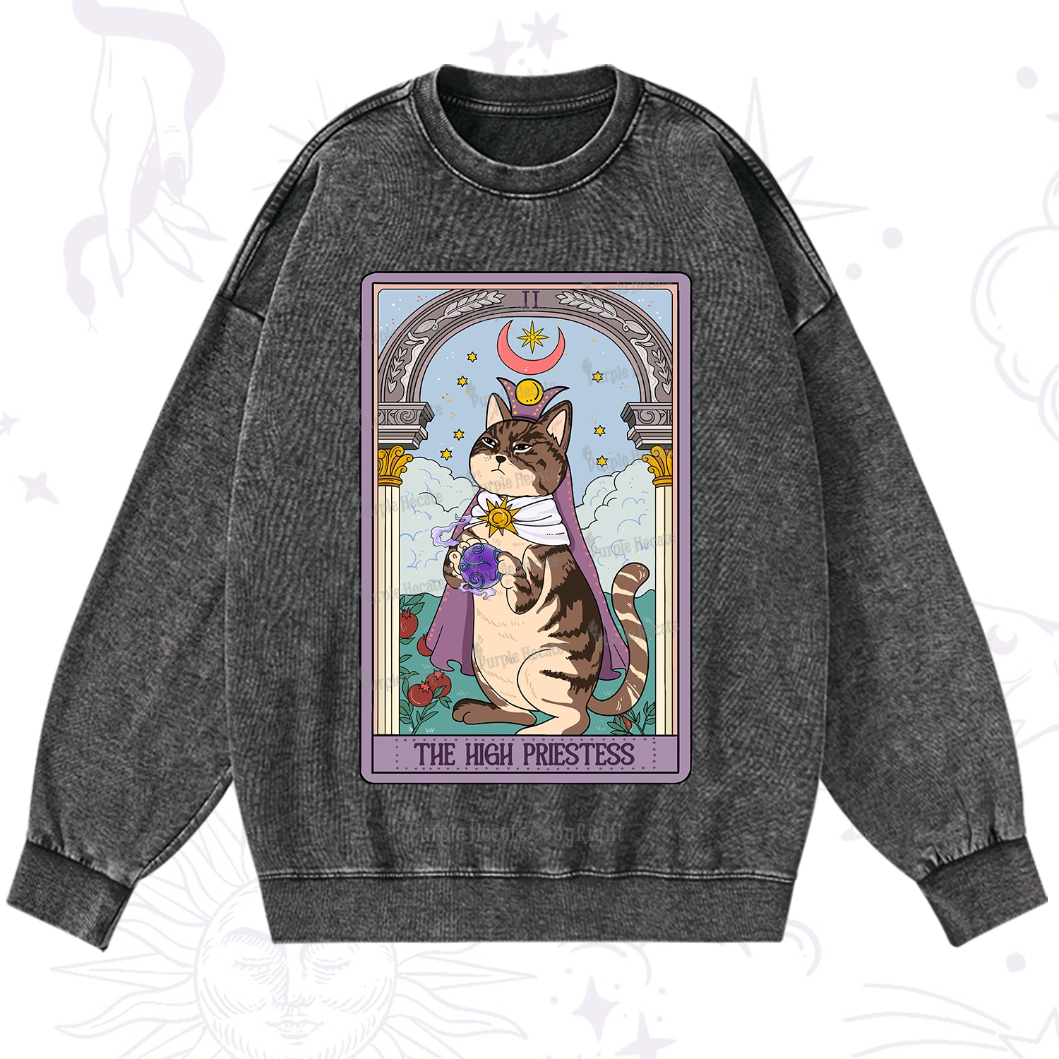 Purplehecate The High Priestess Cat Tarot Washed Sweatshirt