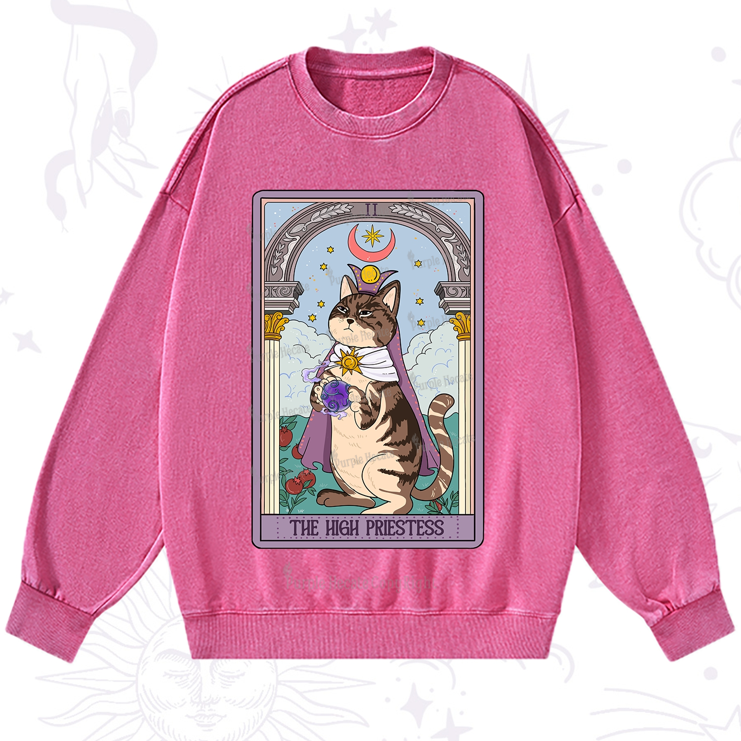 Purplehecate The High Priestess Cat Tarot Washed Sweatshirt