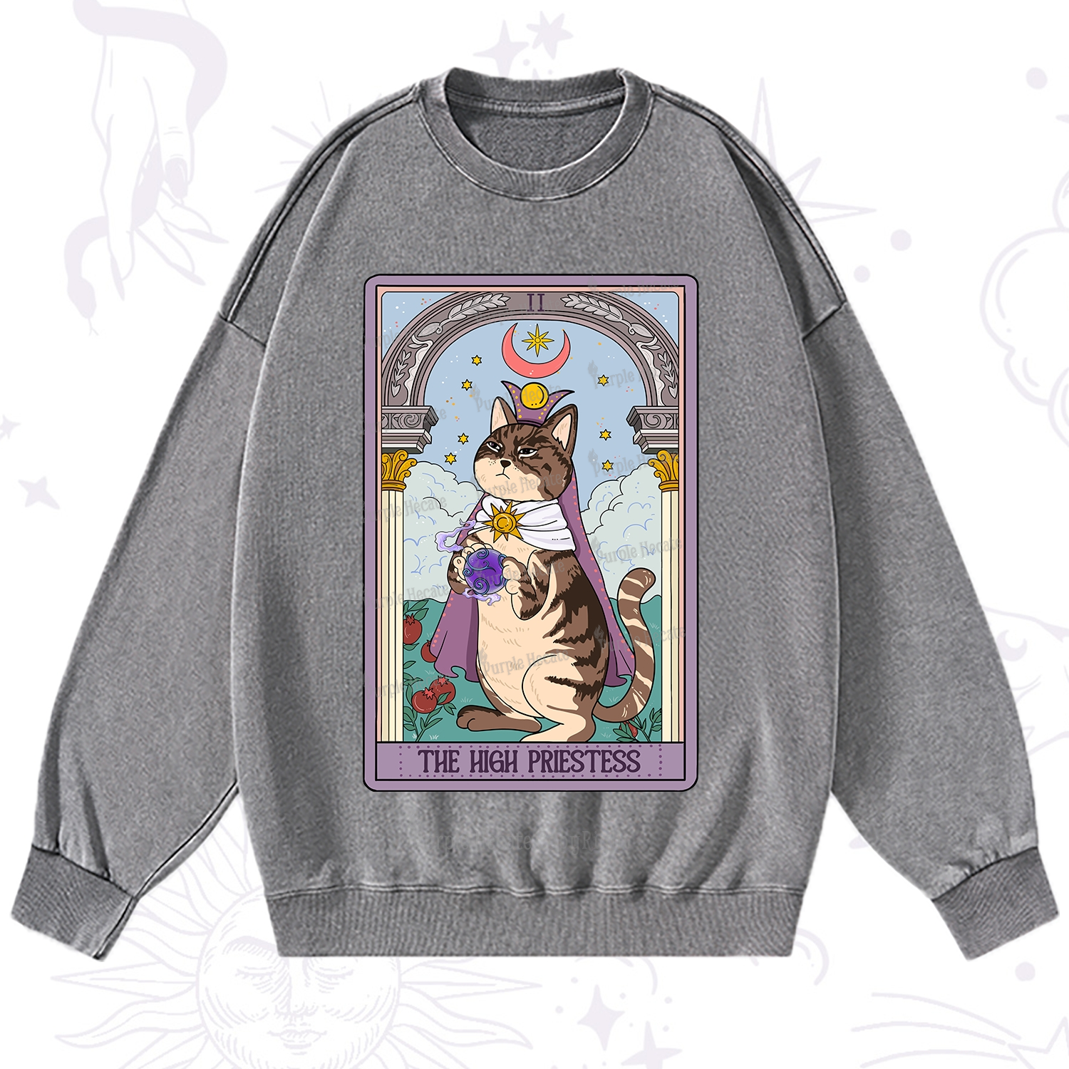 Purplehecate The High Priestess Cat Tarot Washed Sweatshirt
