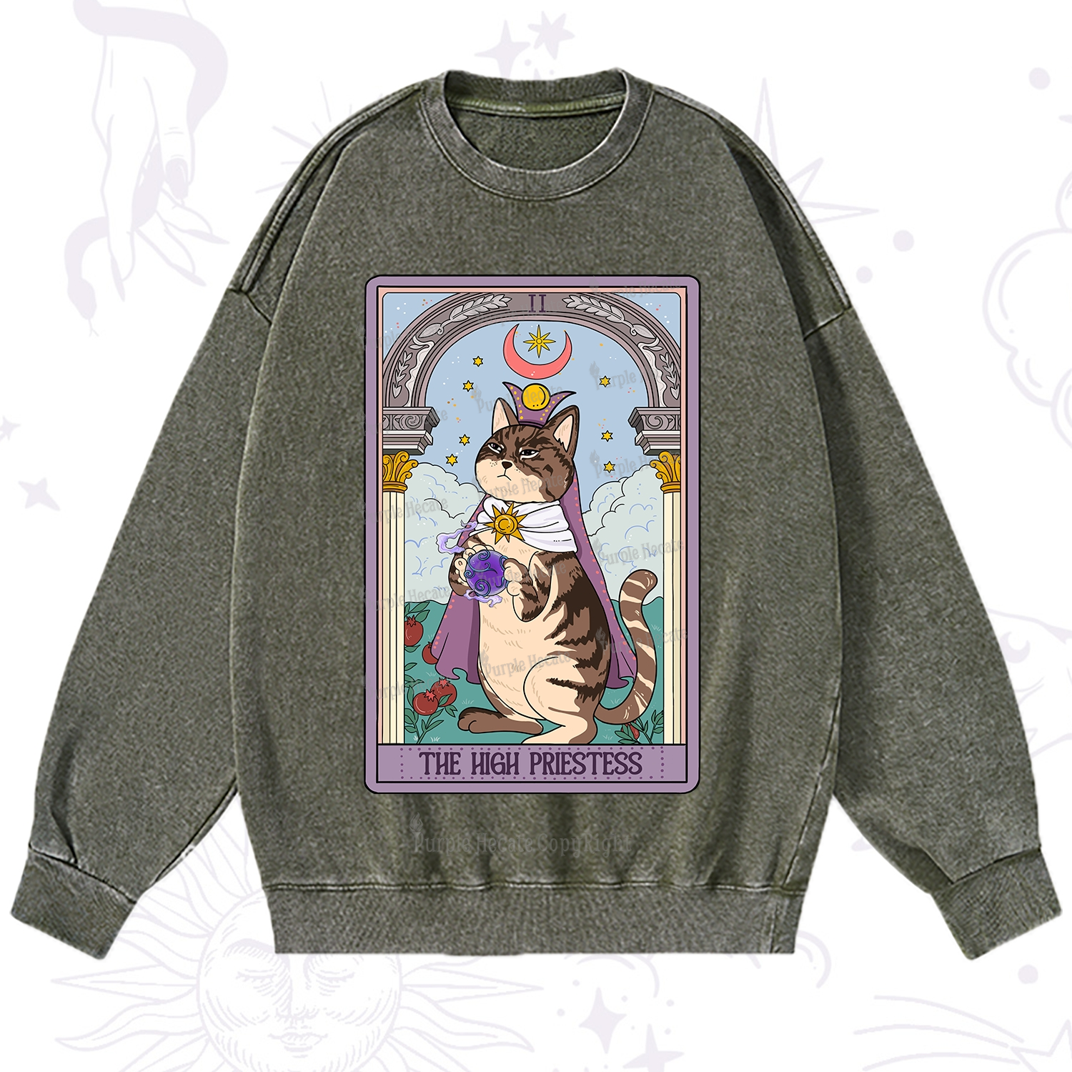 Purplehecate The High Priestess Cat Tarot Washed Sweatshirt