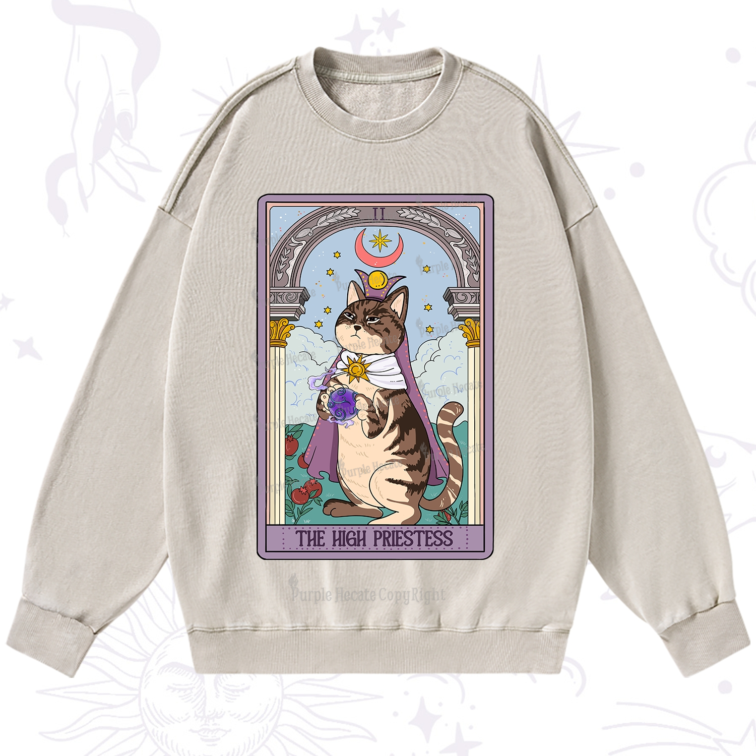Purplehecate The High Priestess Cat Tarot Washed Sweatshirt