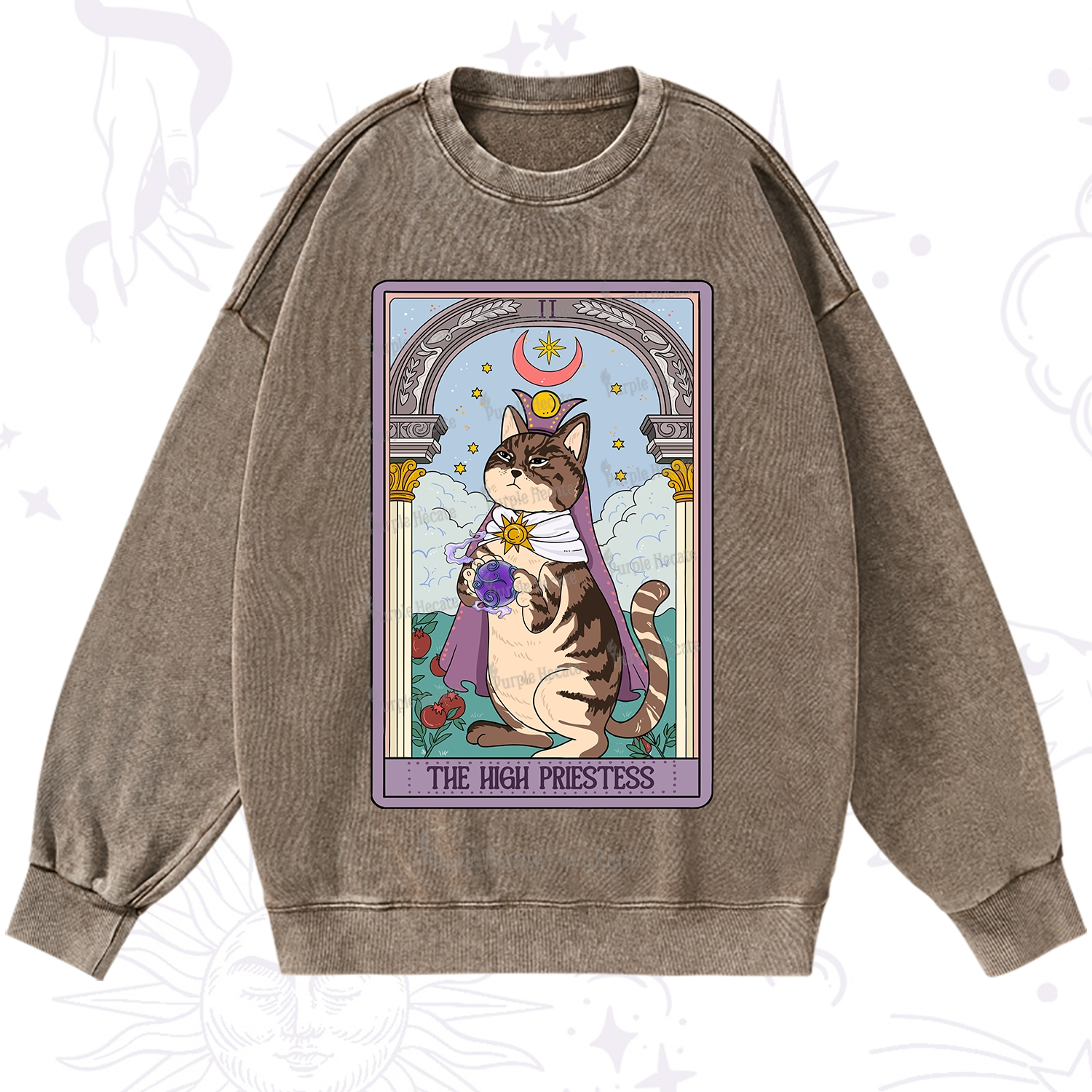 Purplehecate The High Priestess Cat Tarot Washed Sweatshirt