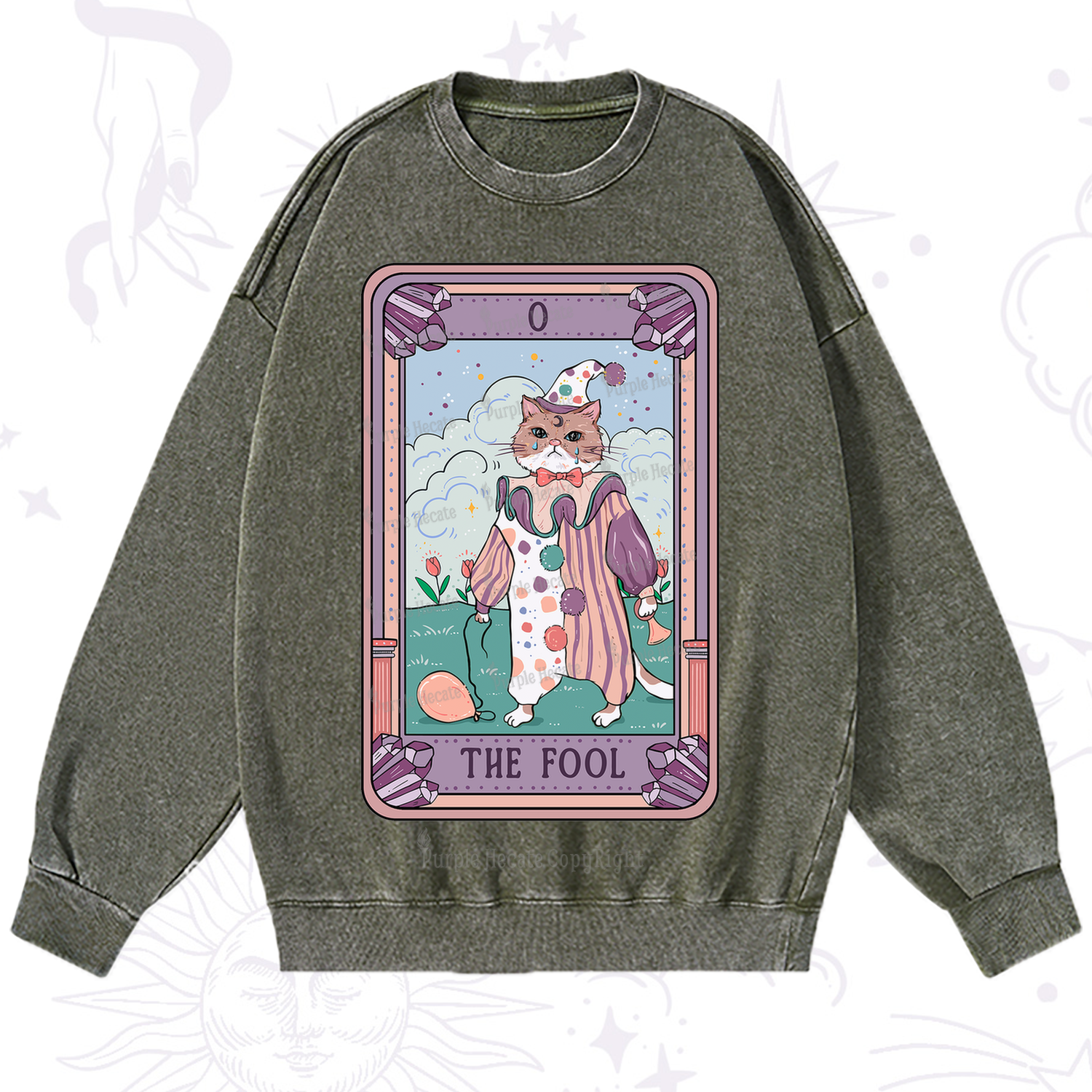 Purplehecate The Fool Tarot Card Washed Sweatshirt