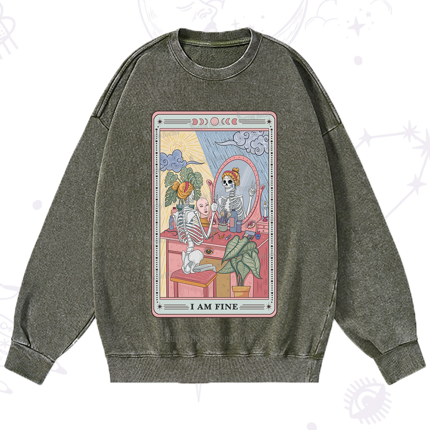 Purplehecate I Am Fine Tarot Card Washed Sweatshirt