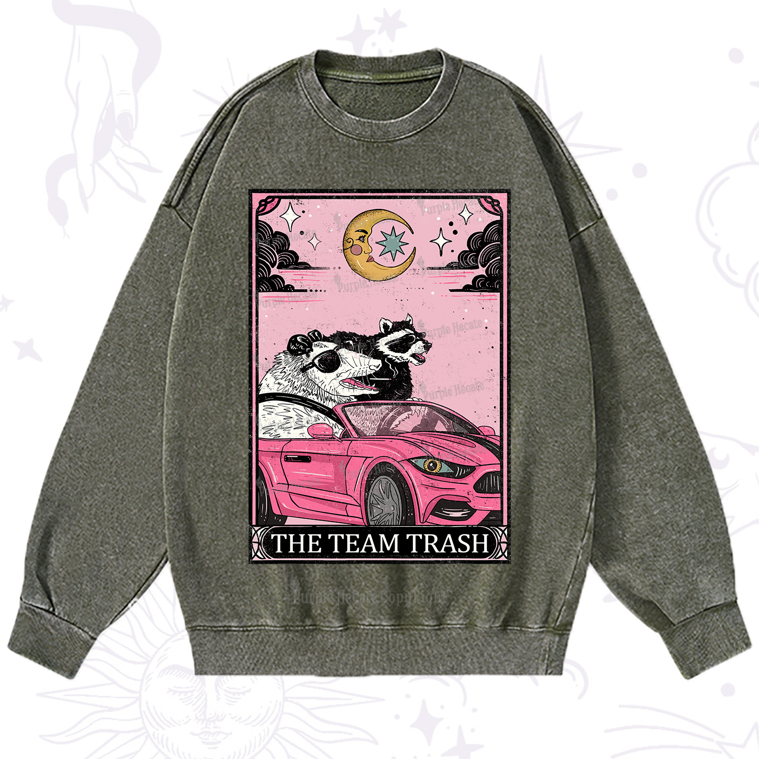 Purplehecate The Team Trash Tarot Card Washed Sweatshirt