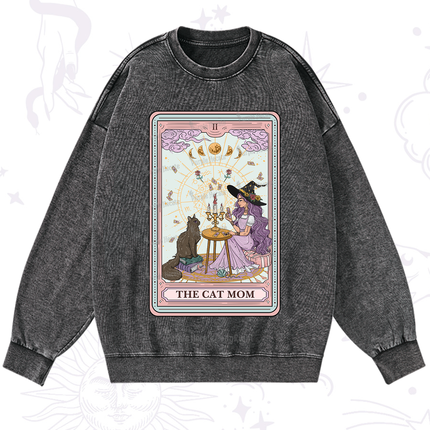 Purplehecate The Cat Witch Mom Tarot Washed Sweatshirt