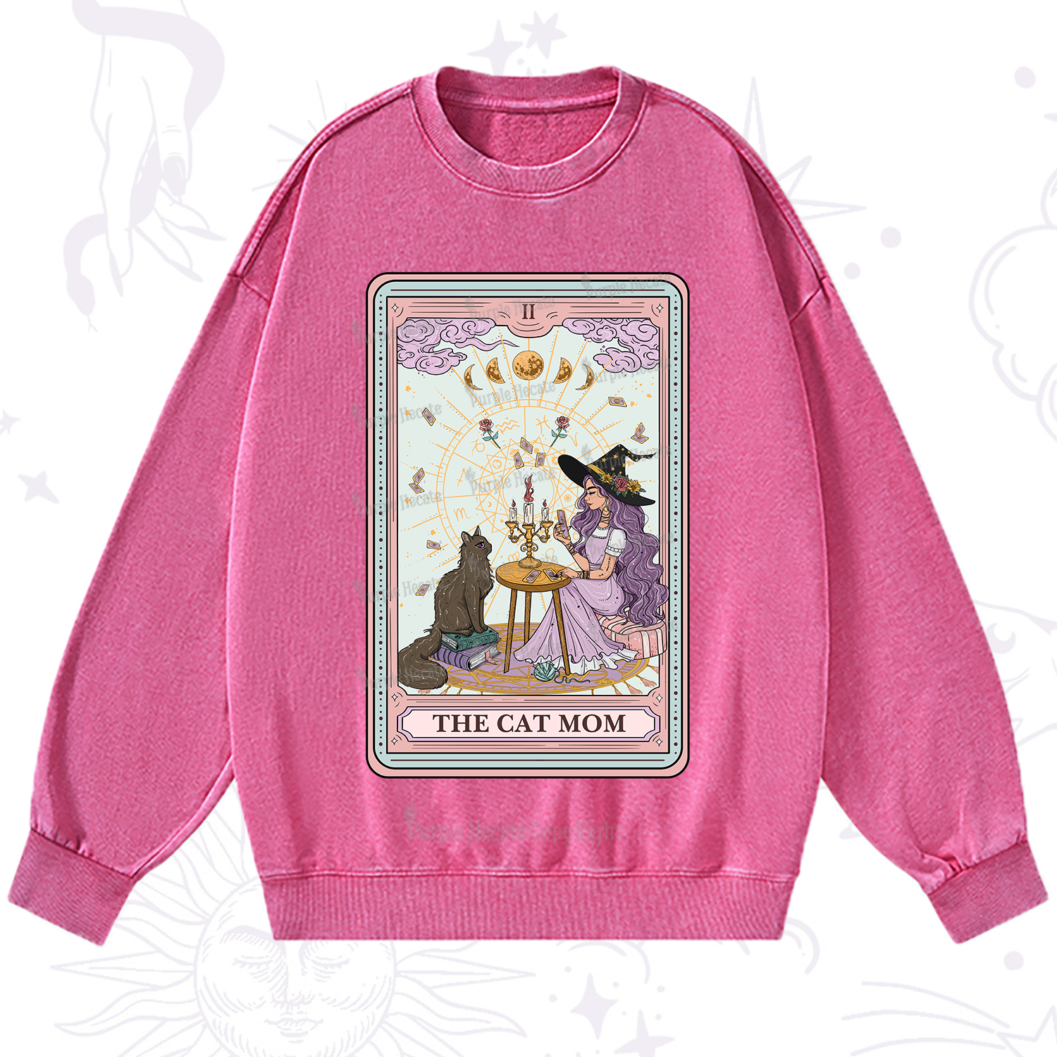 Purplehecate The Cat Witch Mom Tarot Washed Sweatshirt
