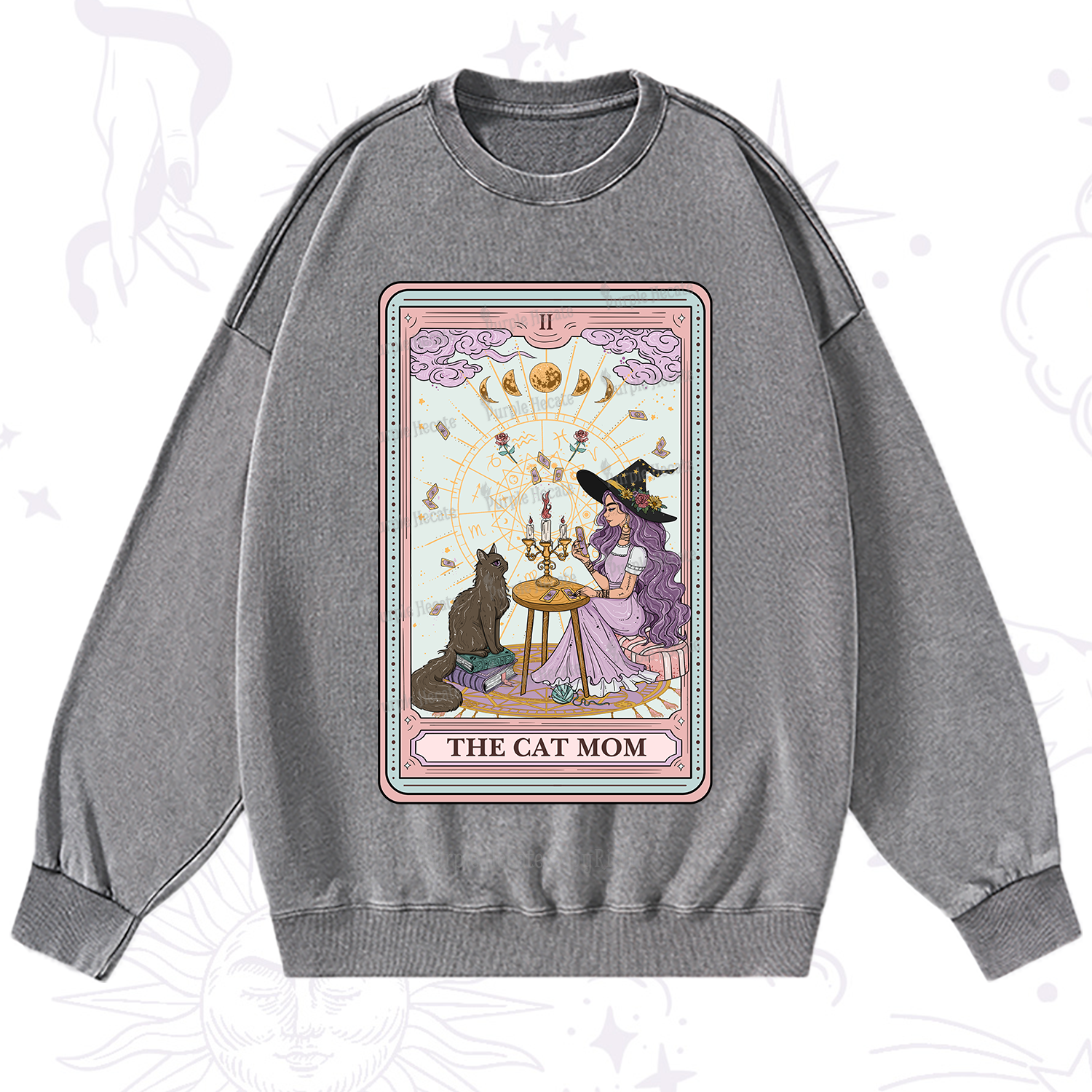 Purplehecate The Cat Witch Mom Tarot Washed Sweatshirt