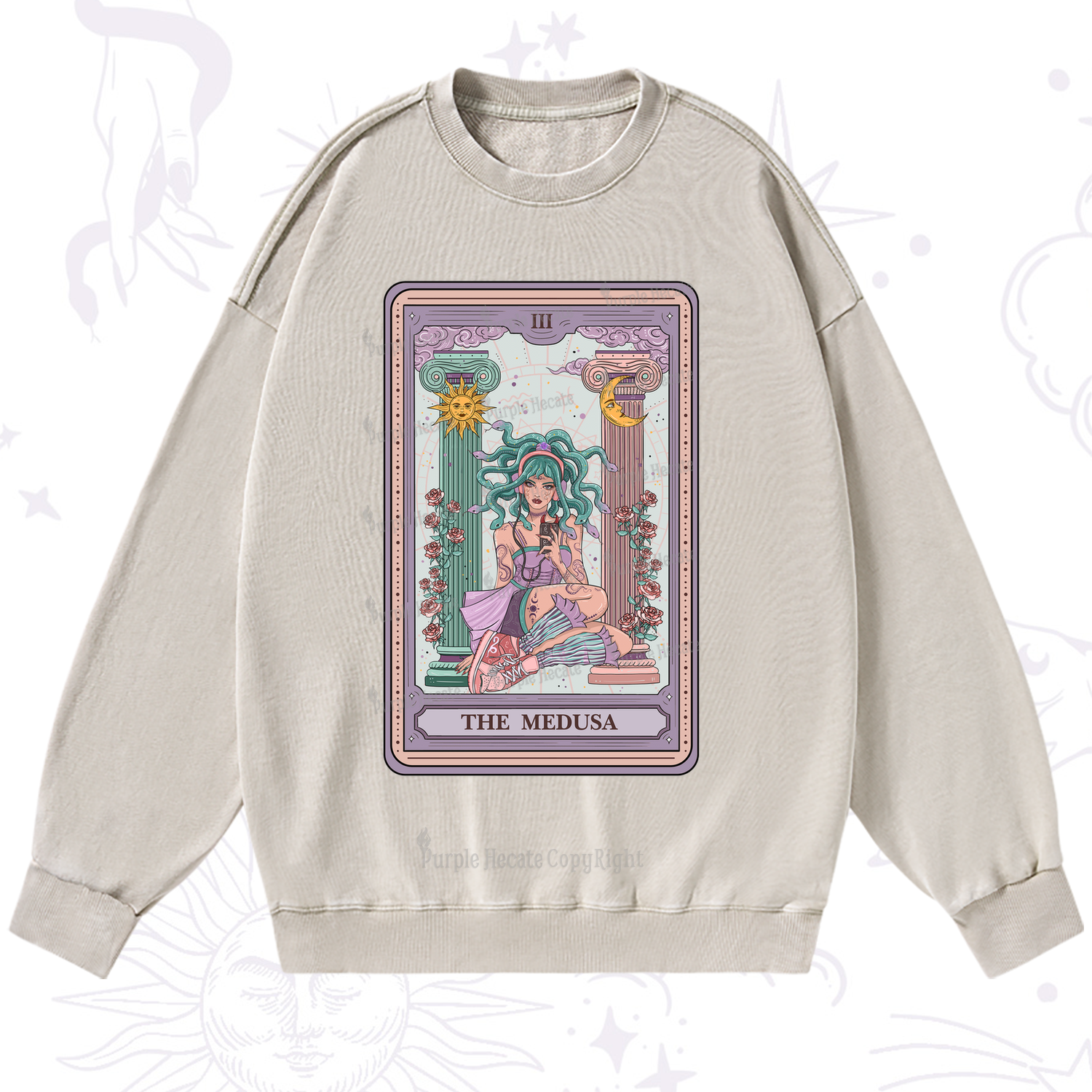 Purplehecate The Fashionable Medusa Tarot Card Washed Sweatshirt