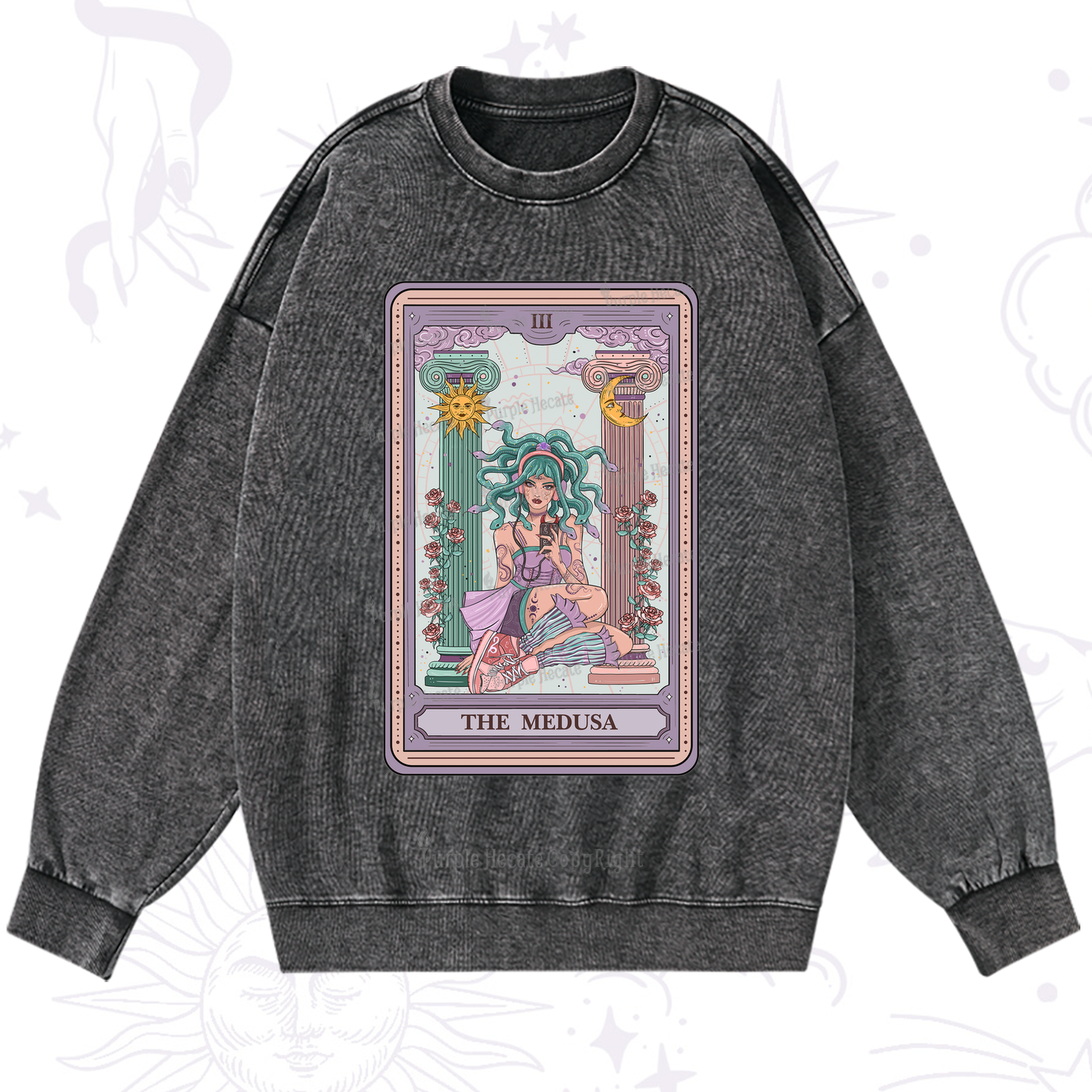 Purplehecate The Fashionable Medusa Tarot Card Washed Sweatshirt