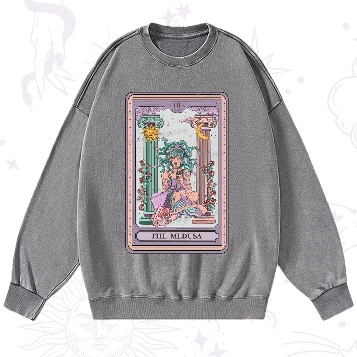 Purplehecate The Fashionable Medusa Tarot Card Washed Sweatshirt
