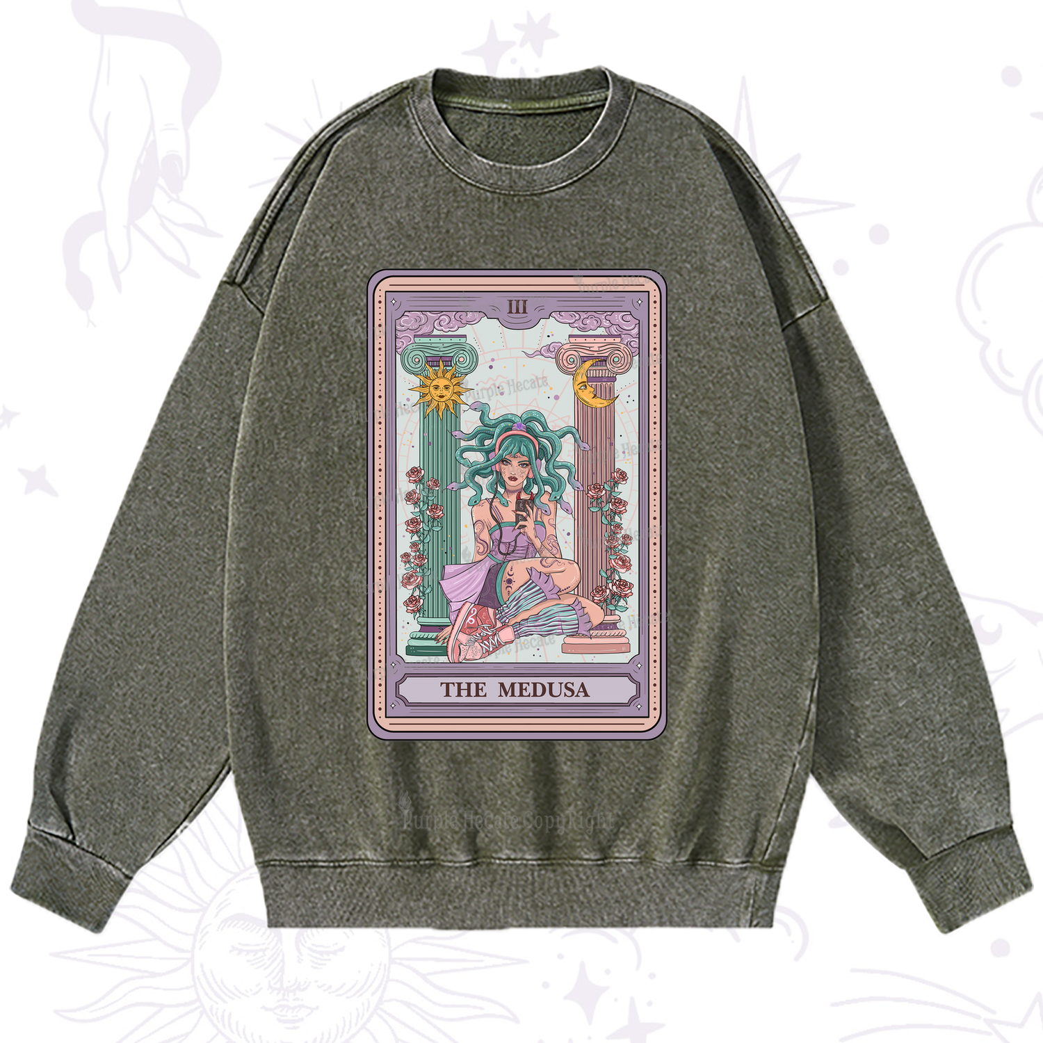 Purplehecate The Fashionable Medusa Tarot Card Washed Sweatshirt