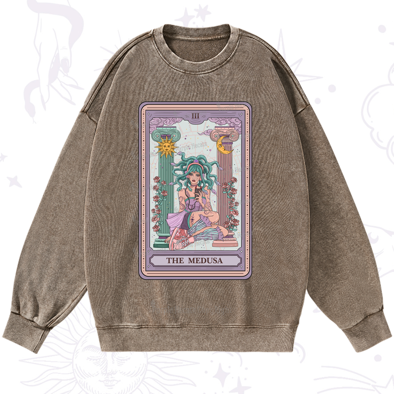 Purplehecate The Fashionable Medusa Tarot Card Washed Sweatshirt