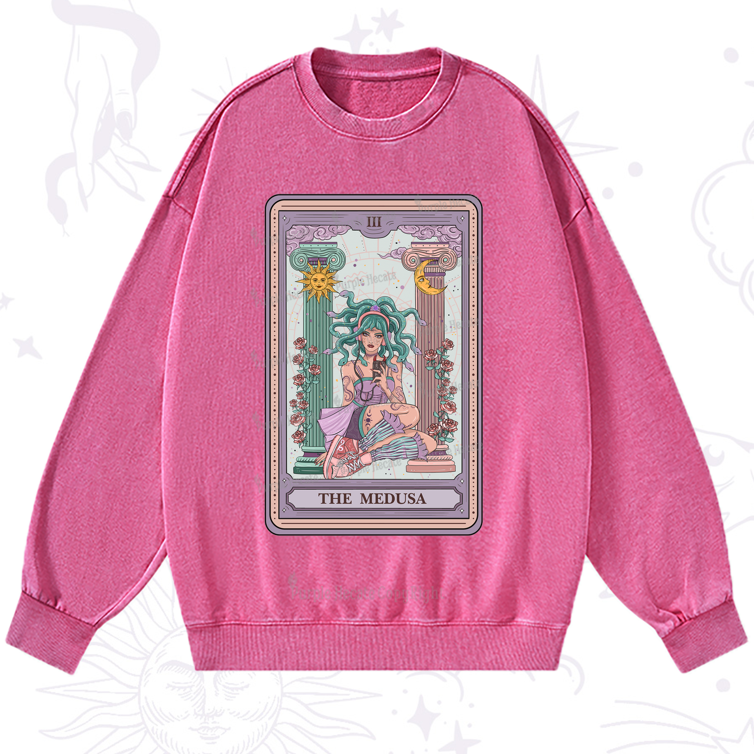 Purplehecate The Fashionable Medusa Tarot Card Washed Sweatshirt