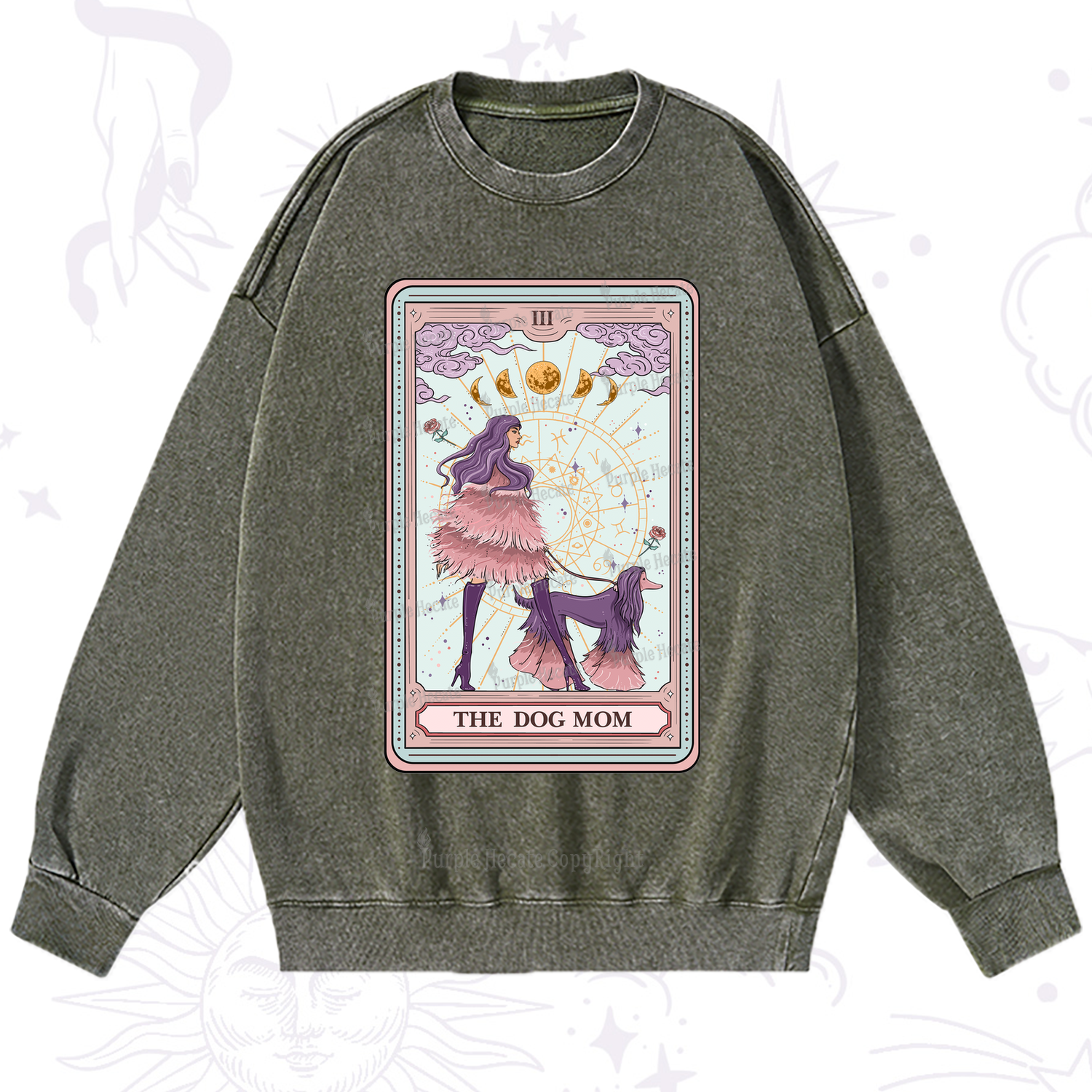 Purplehecate The Fashionable Dog Mom Tarot Card Washed Sweatshirt